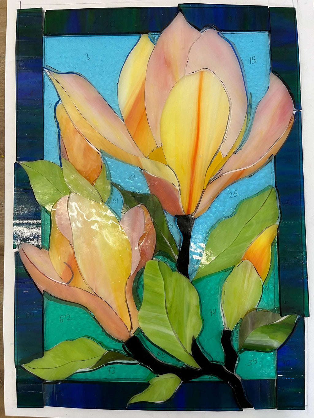 Orange Magnolia Stained Glass Window Panel, 14.5 x 10.5 inch. Suncatcher: Floral Window Hangings, Handmade Home decor, Tiffany Glass Art