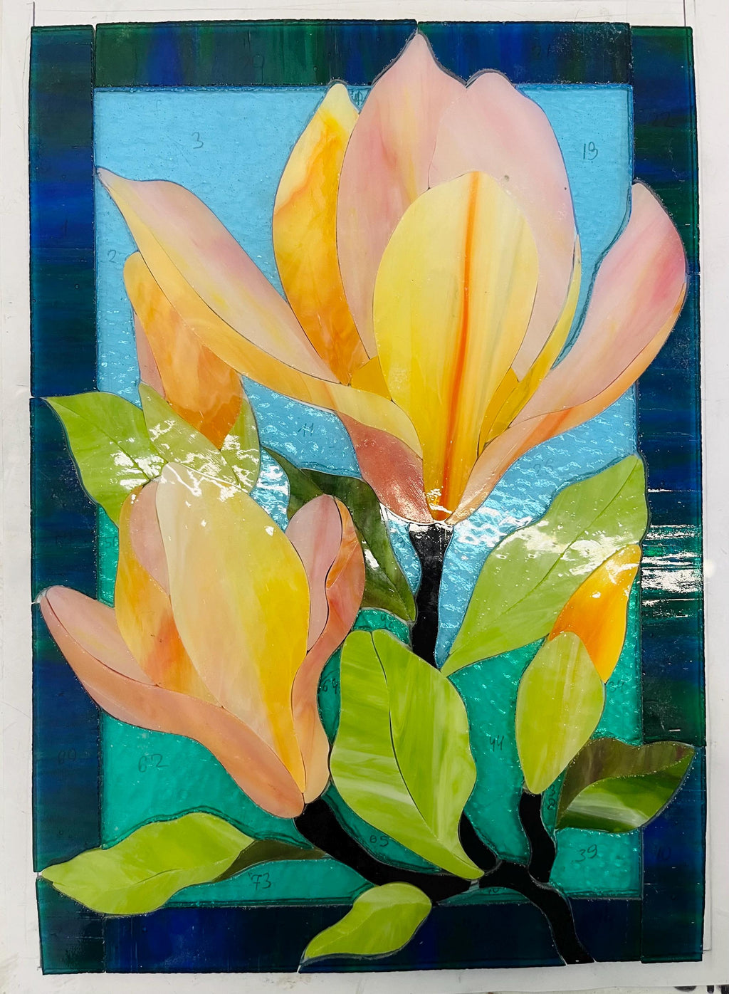 Orange Magnolia Stained Glass Window Panel, 14.5 x 10.5 inch. Suncatcher: Floral Window Hangings, Handmade Home decor, Tiffany Glass Art