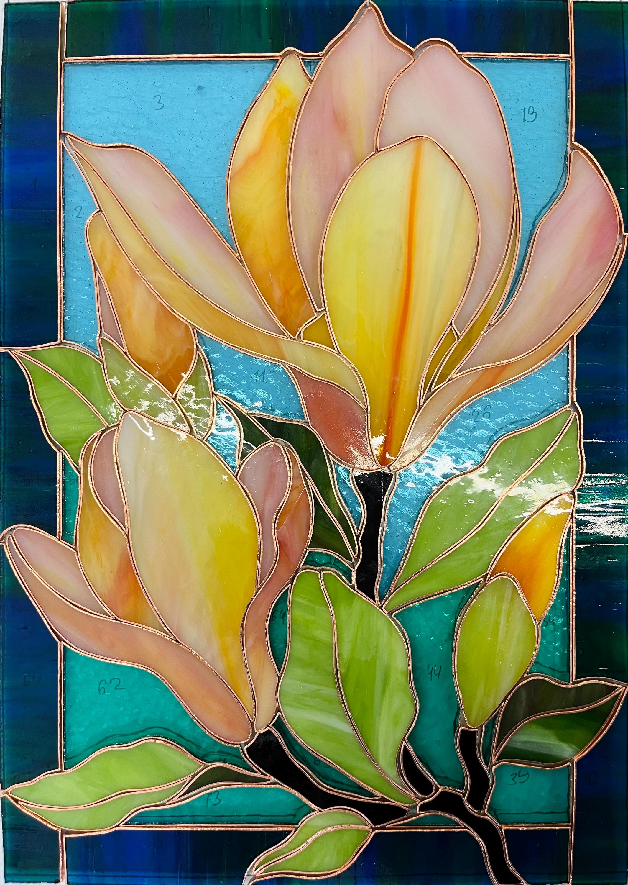 Orange Magnolia Stained Glass Window Panel, 14.5 x 10.5 inch. Suncatcher: Floral Window Hangings, Handmade Home decor, Tiffany Glass Art