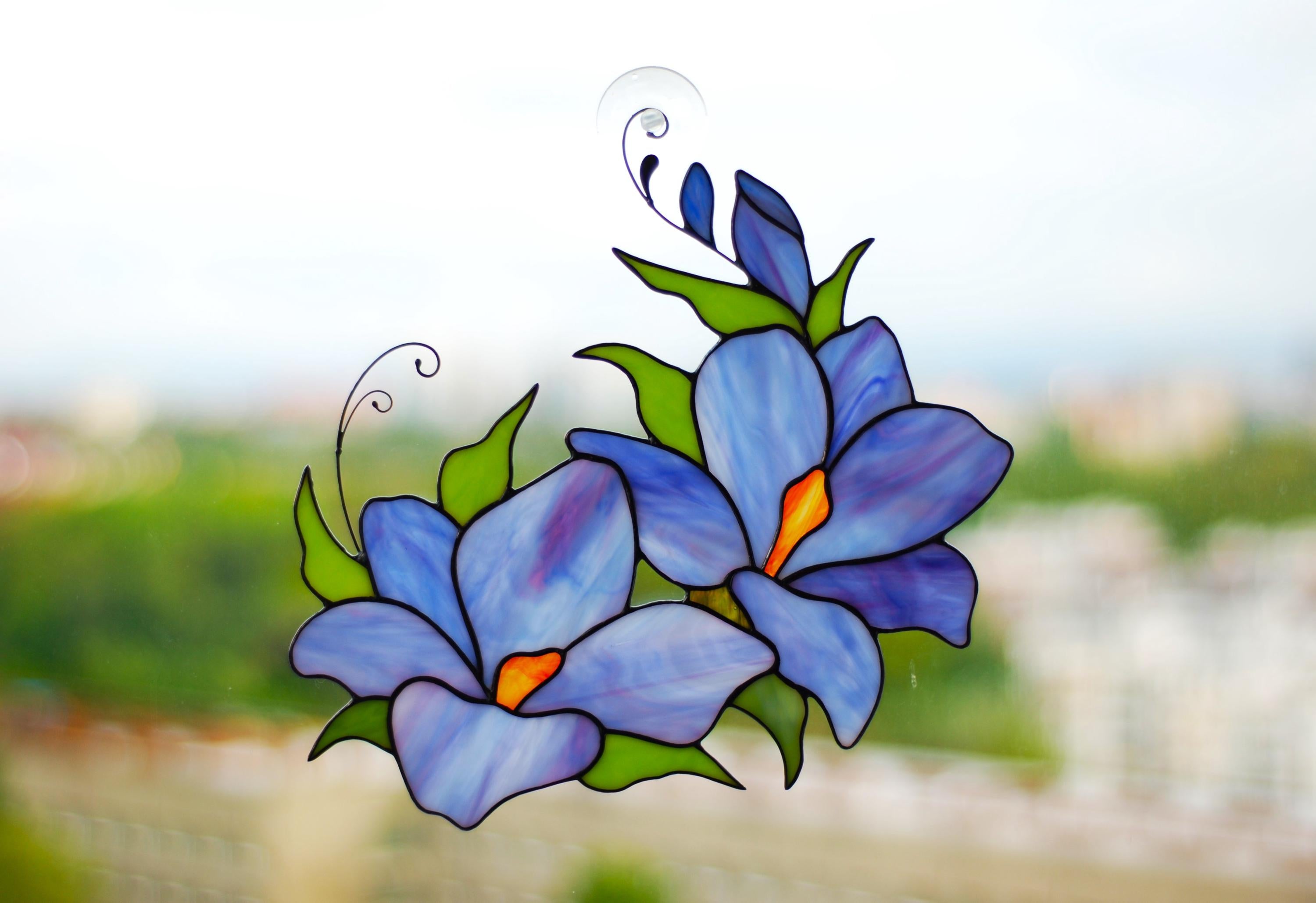 Saffron Crocus Stained Glass Window Panel: Handmade Floral Suncatcher, Mother’s Day gift, Tiffany Glass Art, Window Hangings