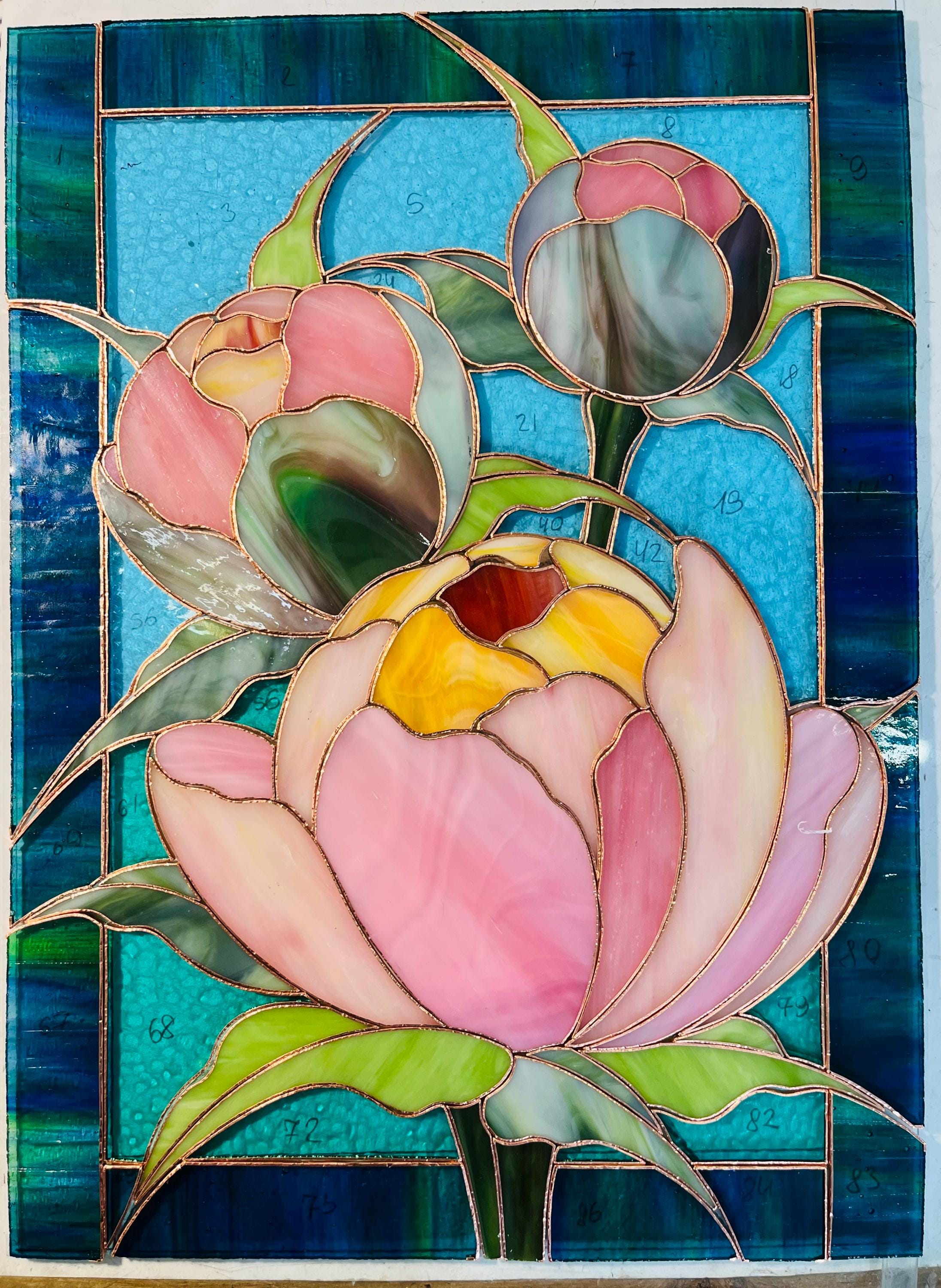 Pink Peonies Stained Glass Panel - Handmade Floral Suncatcher