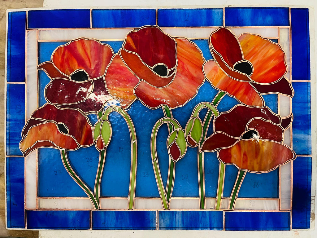 Red Poppy Stained Glass Panel 15x11.5 In, Handmade Suncatcher, Floral Tiffany Window Hanging, Home Decor Gift for Her