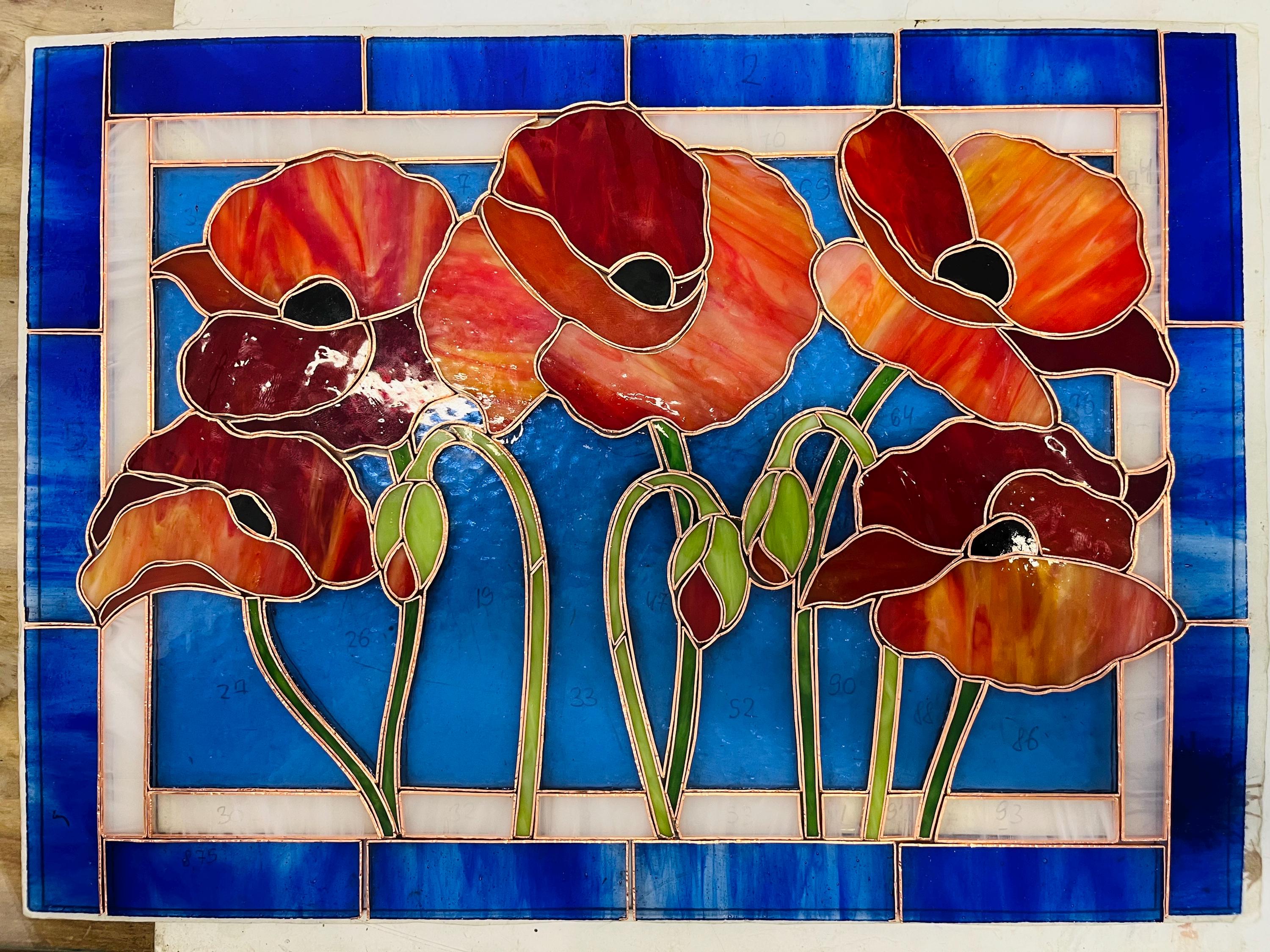 Red Poppy Stained Glass Panel 15x11.5 In, Handmade Suncatcher, Floral Tiffany Window Hanging, Home Decor Gift for Her