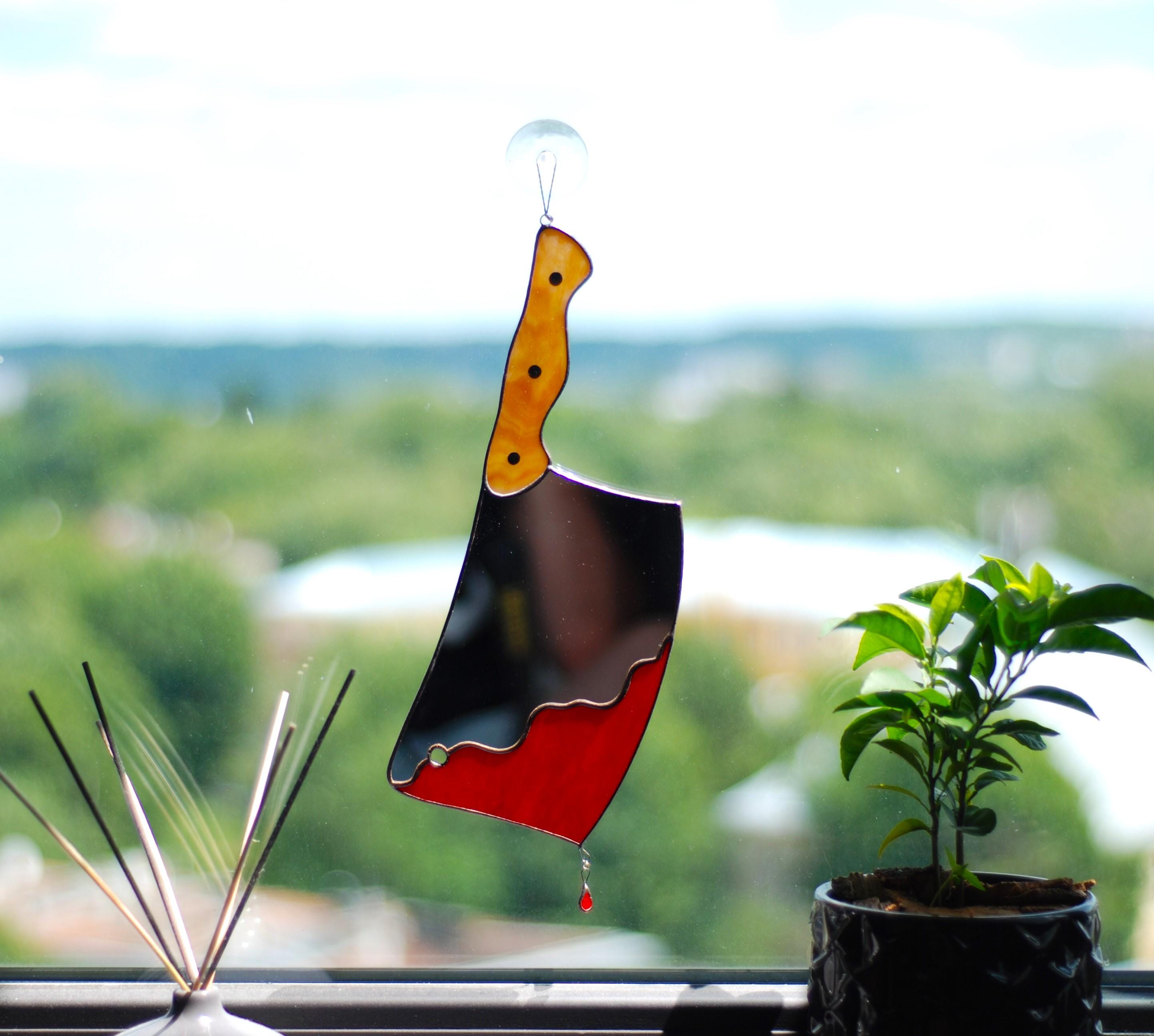 Stained Glass Cleaver Suncatcher, Bloody Gothic Window Hanging, Horror Decor