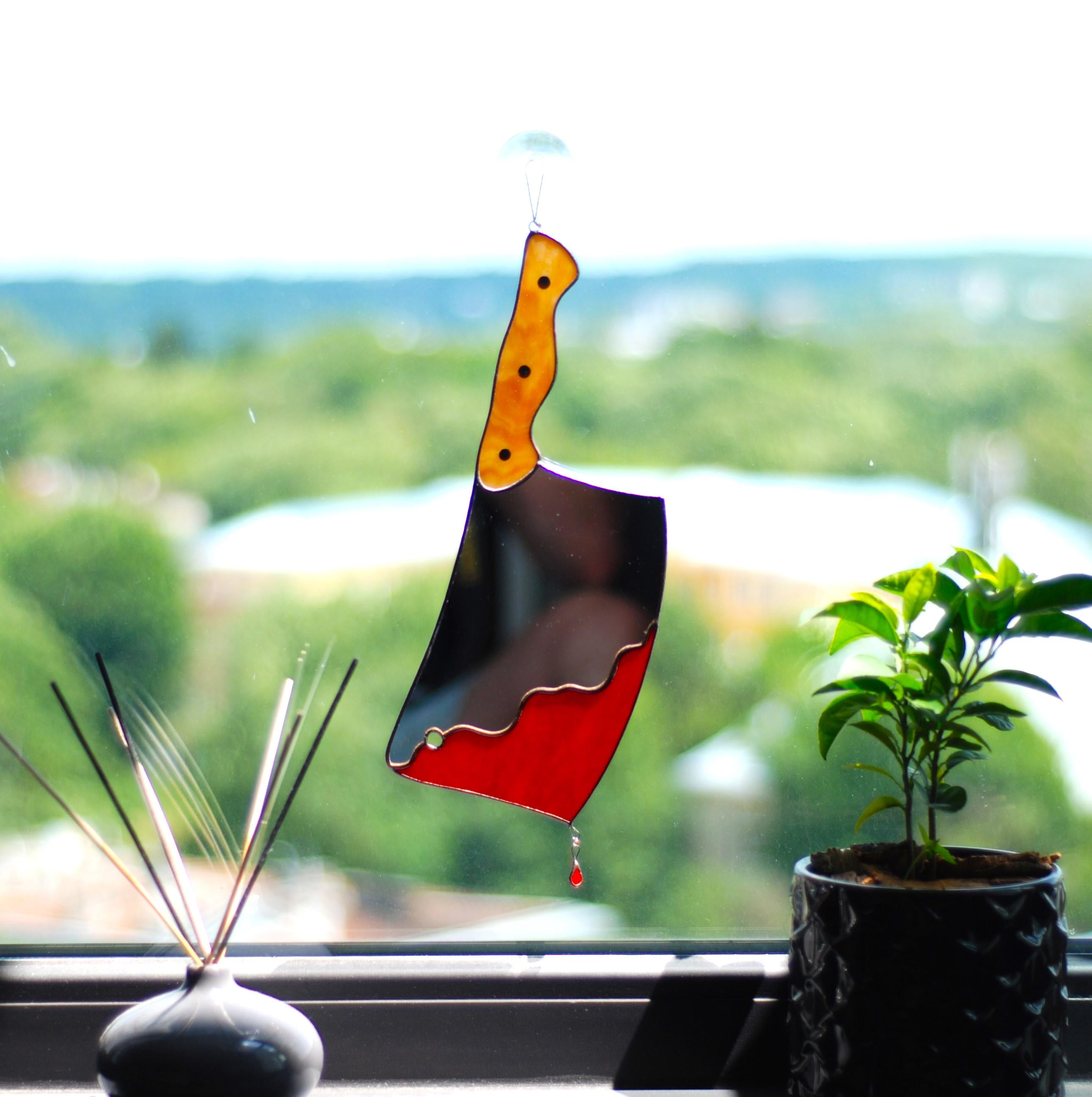 Stained Glass Cleaver Suncatcher, Bloody Gothic Window Hanging, Horror Decor