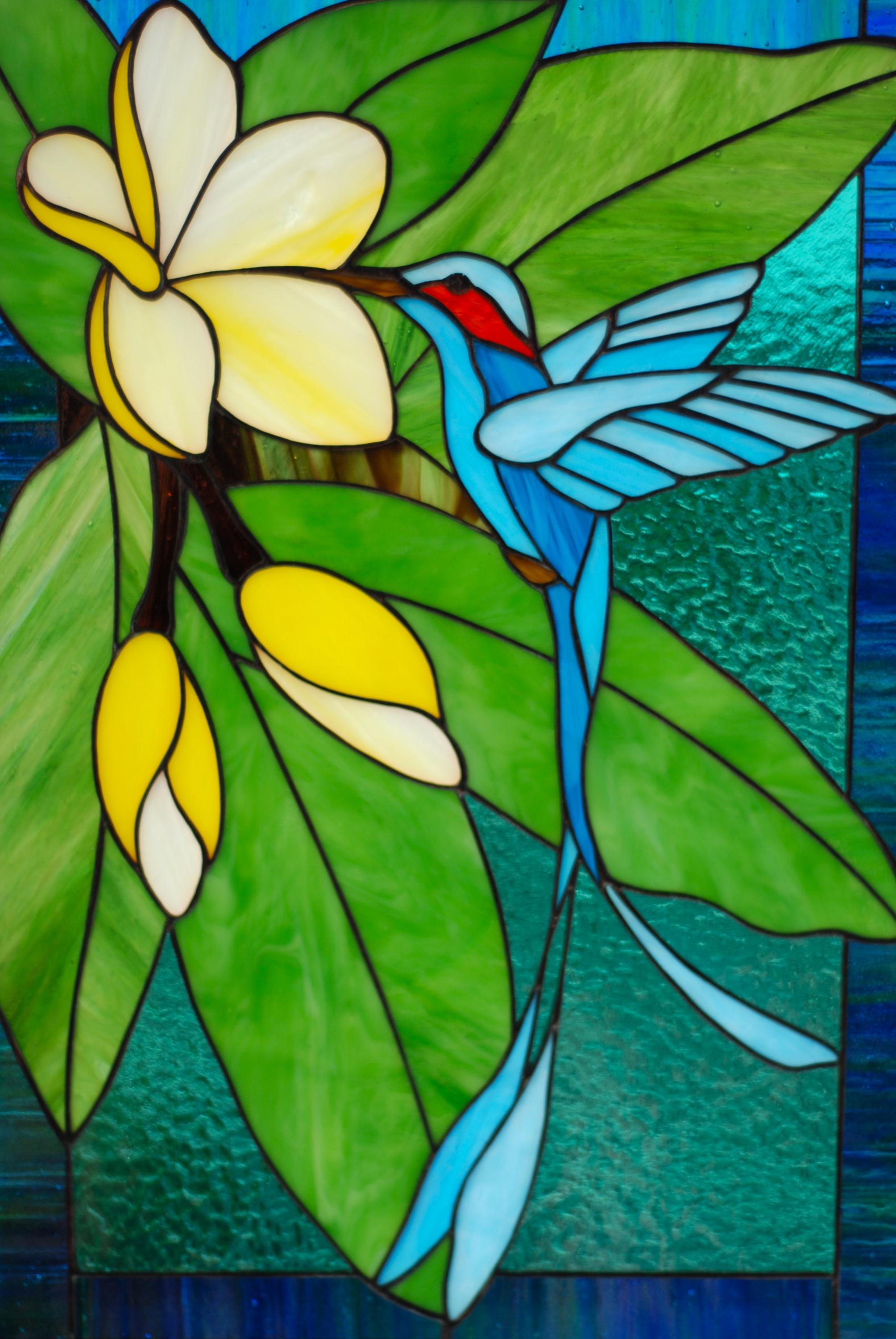 Handmade Hummingbird Stained Glass Panel, Plumeria Suncatcher 16.2x12.2 In, Tiffany Window Hangings