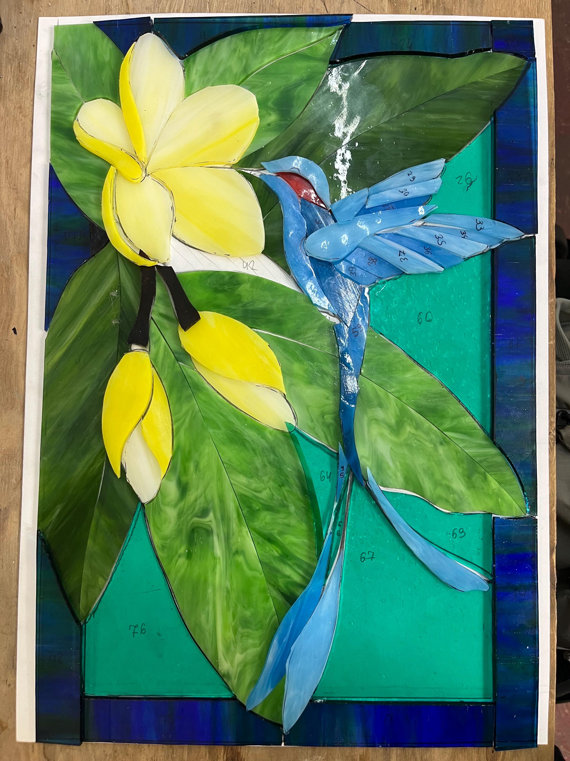 Handmade Hummingbird Stained Glass Panel, Plumeria Suncatcher 16.2x12.2 In, Tiffany Window Hangings