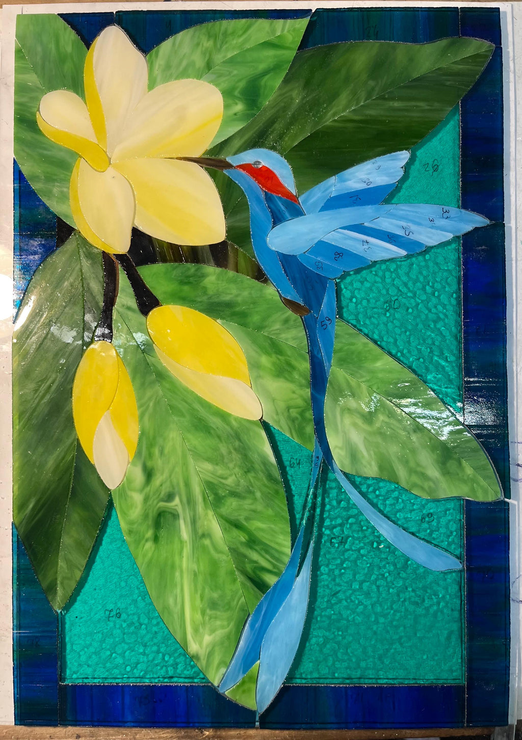 Handmade Hummingbird Stained Glass Panel, Plumeria Suncatcher 16.2x12.2 In, Tiffany Window Hangings