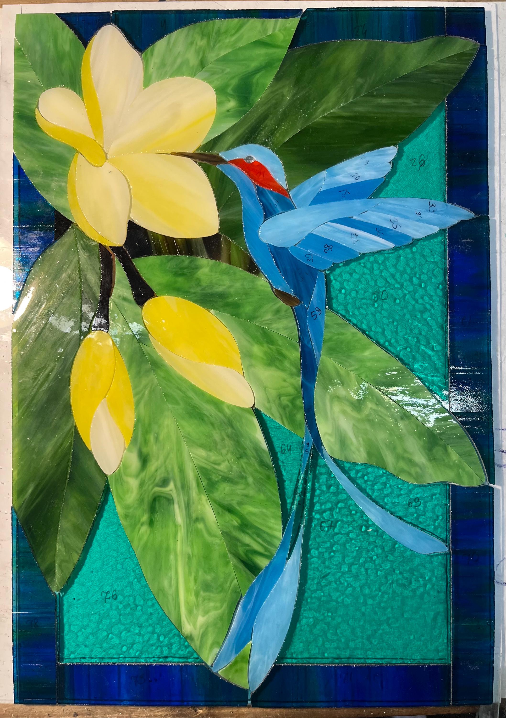 Handmade Hummingbird Stained Glass Panel, Plumeria Suncatcher 16.2x12.2 In, Tiffany Window Hangings