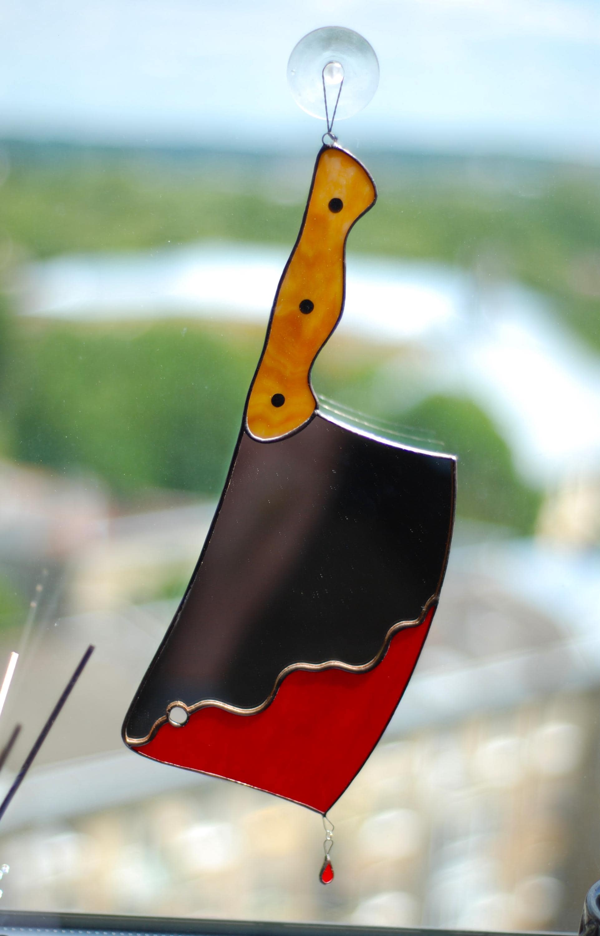Stained Glass Cleaver Suncatcher, Bloody Gothic Window Hanging, Horror Decor
