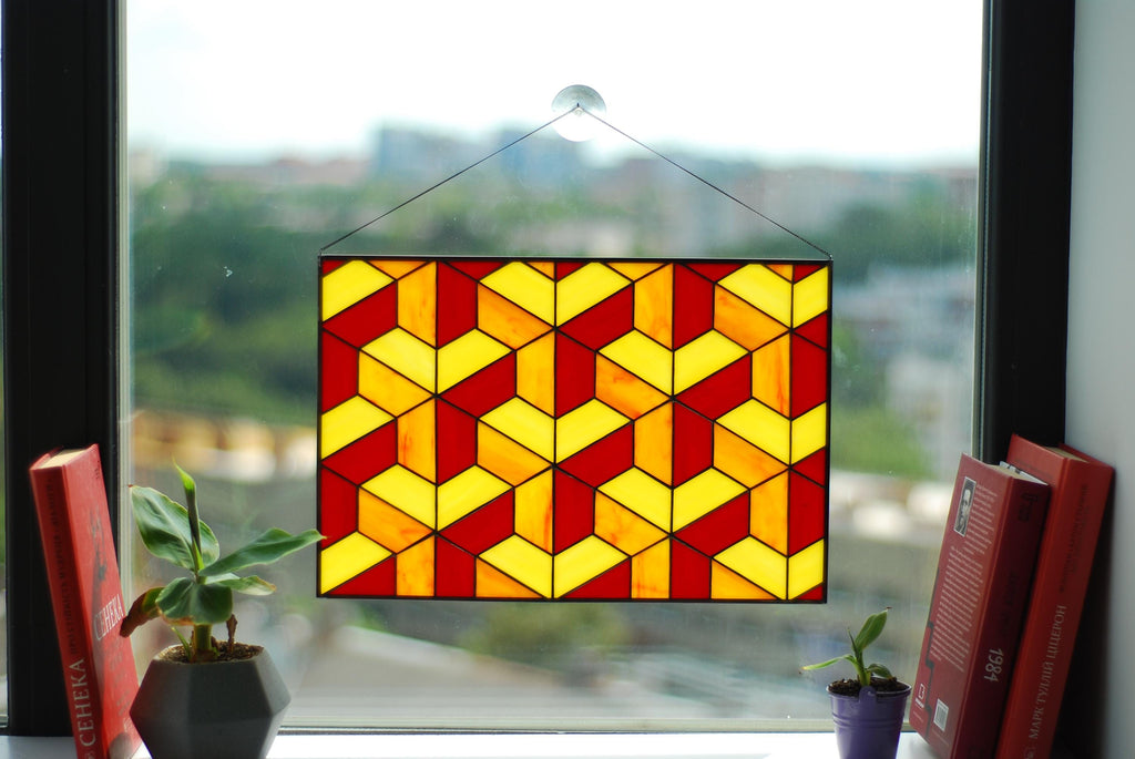 Geometric Stained Glass Window Hanging, Tiffany Style, Yellow Red Art