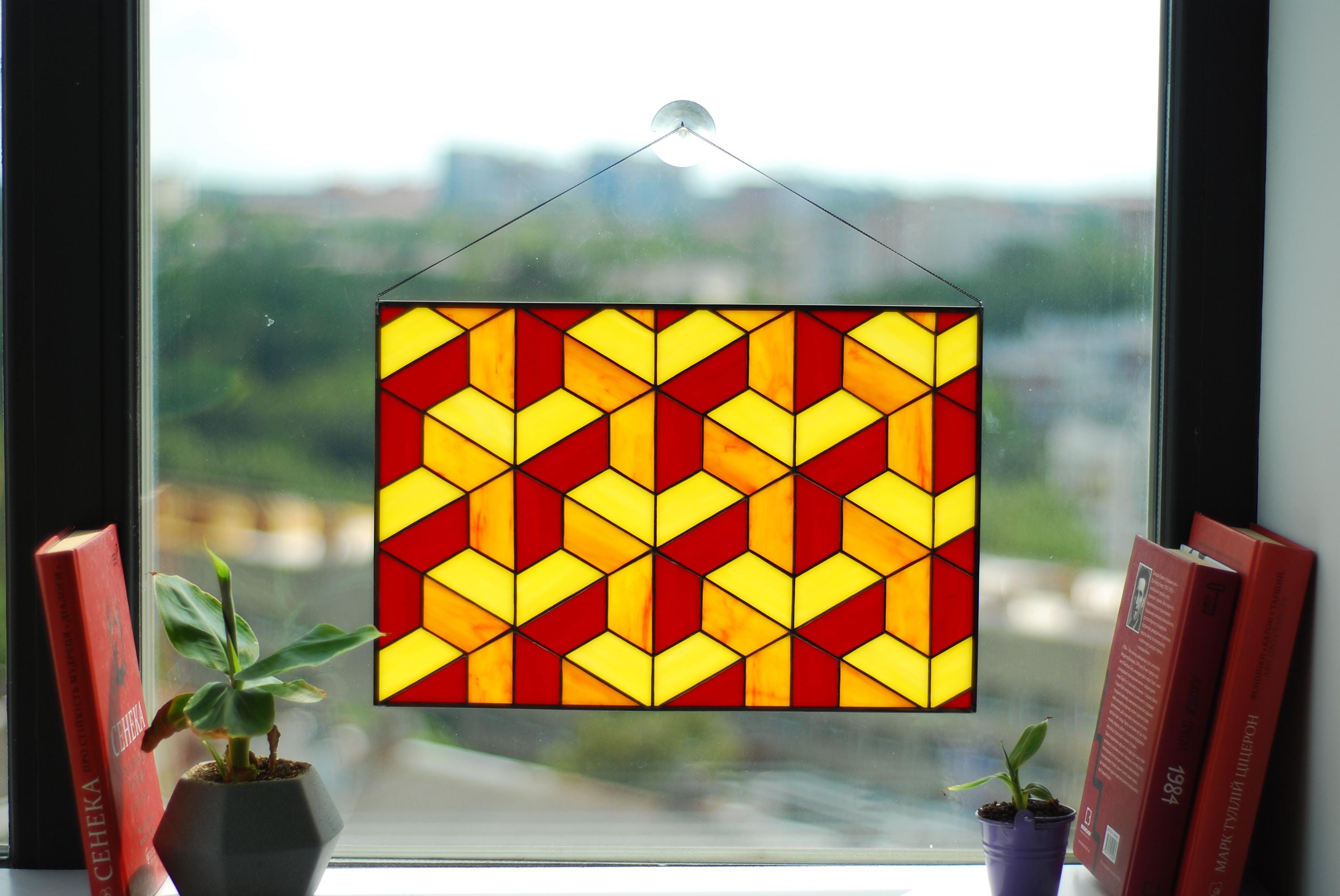 Geometric Stained Glass Window Hanging, Tiffany Style, Yellow Red Art