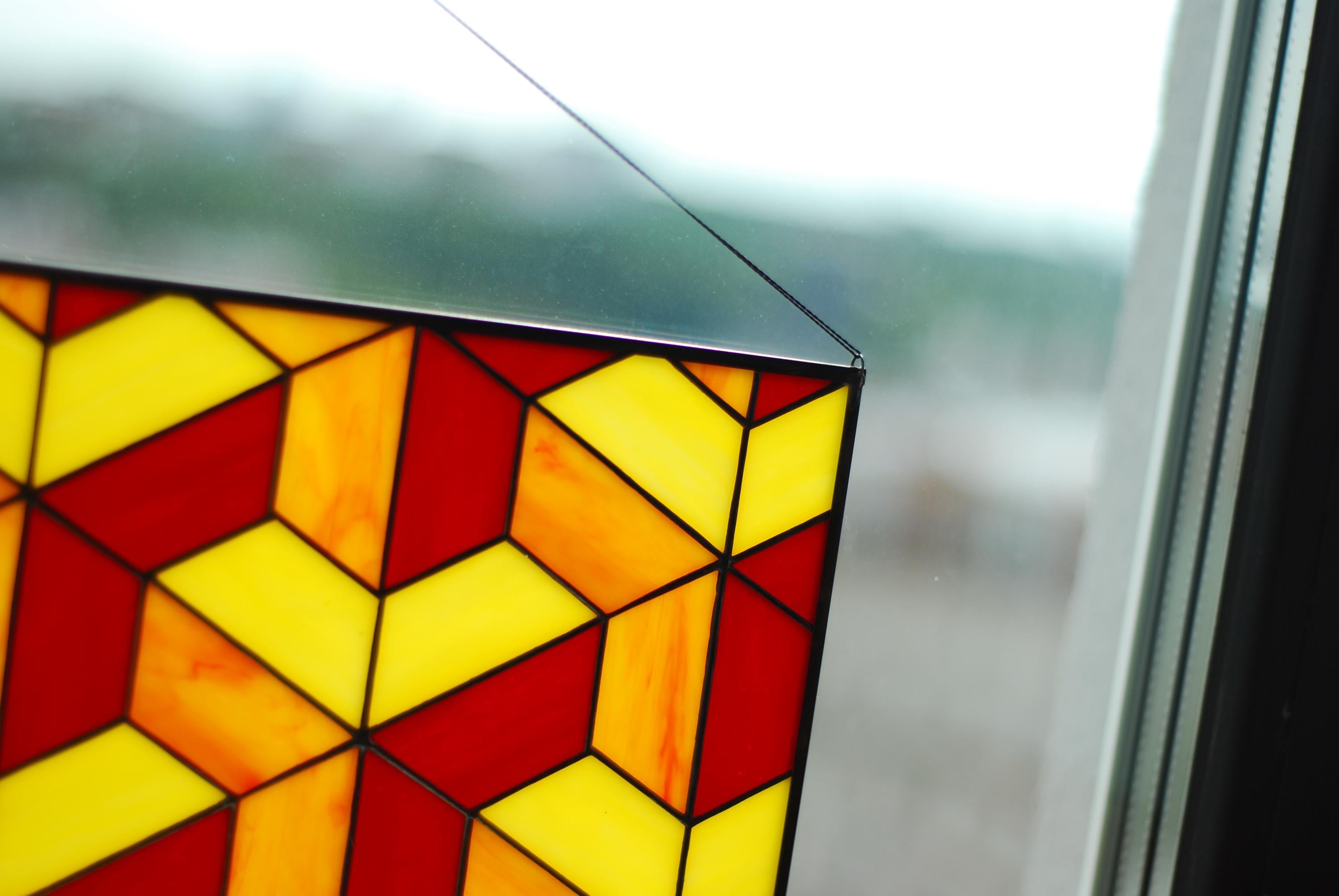 Geometric Stained Glass Window Hanging, Tiffany Style, Yellow Red Art