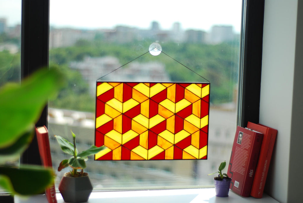 Geometric Stained Glass Window Hanging, Tiffany Style, Yellow Red Art
