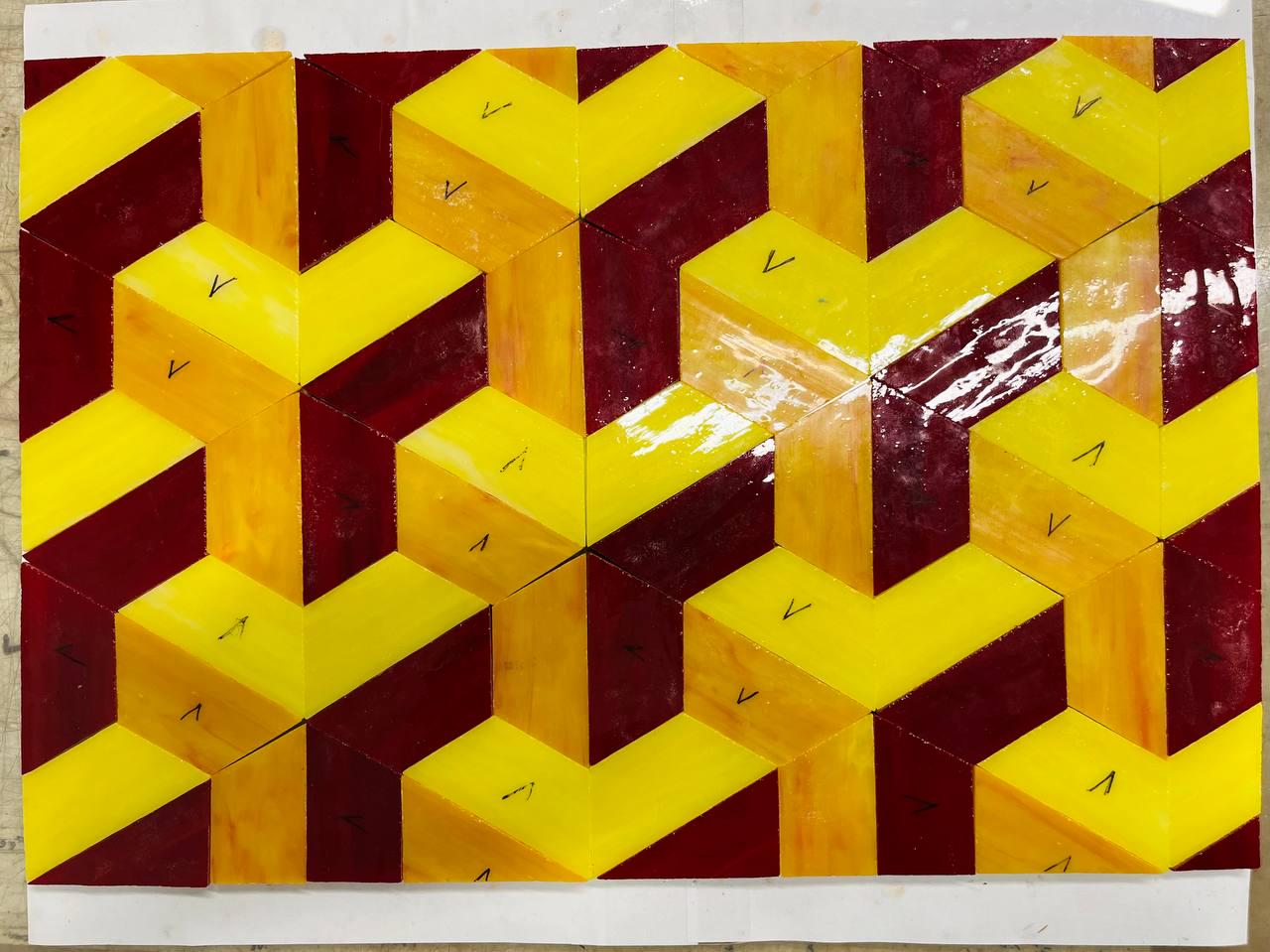 Geometric Stained Glass Window Hanging, Tiffany Style, Yellow Red Art