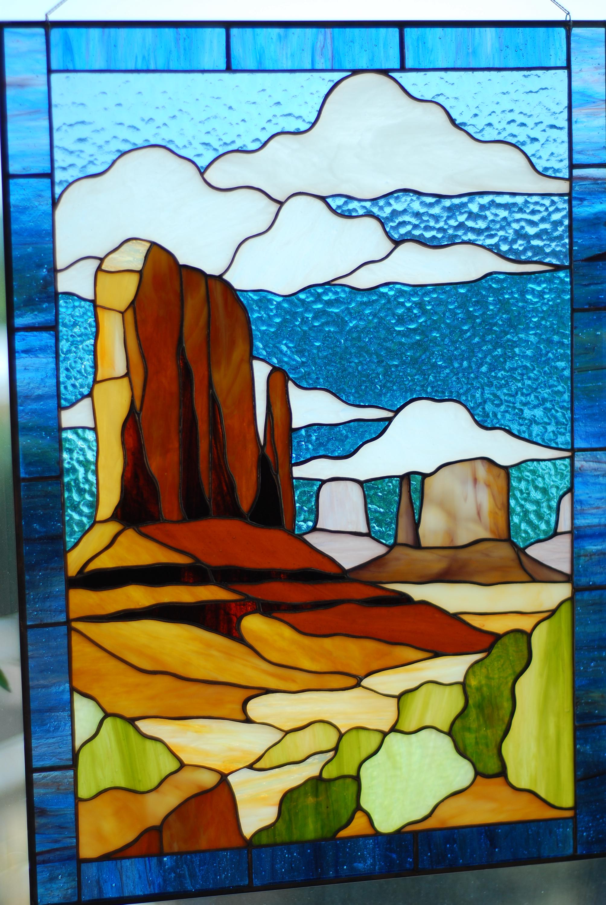 Monument Valley Stained Glass Window Hanging 13x18.5 in, Desert Canyon Suncatcher, Southwest Landscape Panel, Western Home Decor