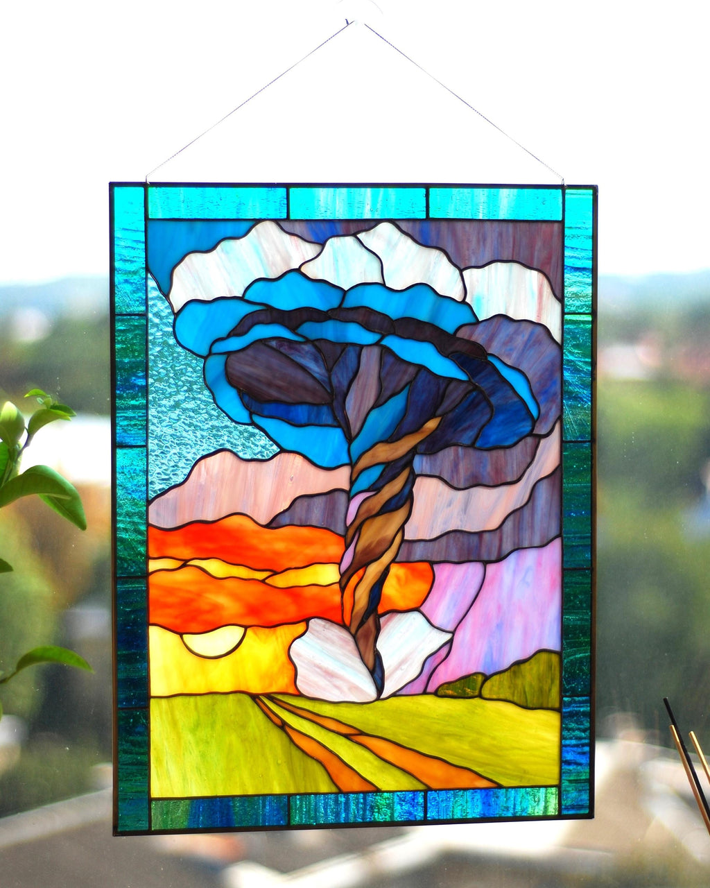 Stained Glass Window Panel Tornado 18 x 13.5 in: Sunset Landscape Window Hanging Unique Father's Day gift, Glass Wall Art