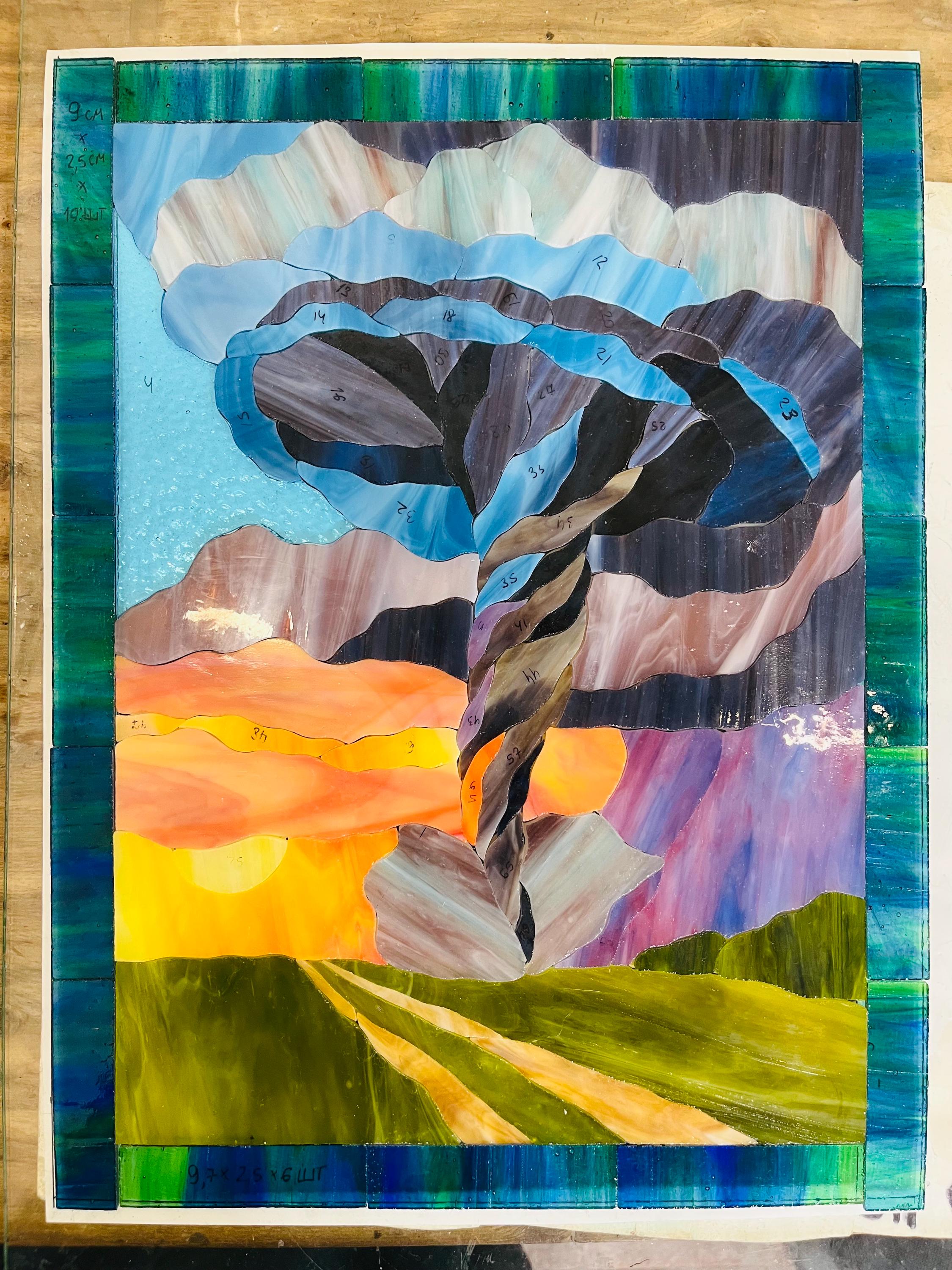 Stained Glass Window Panel Tornado 18 x 13.5 in: Sunset Landscape Window Hanging Unique Father's Day gift, Glass Wall Art
