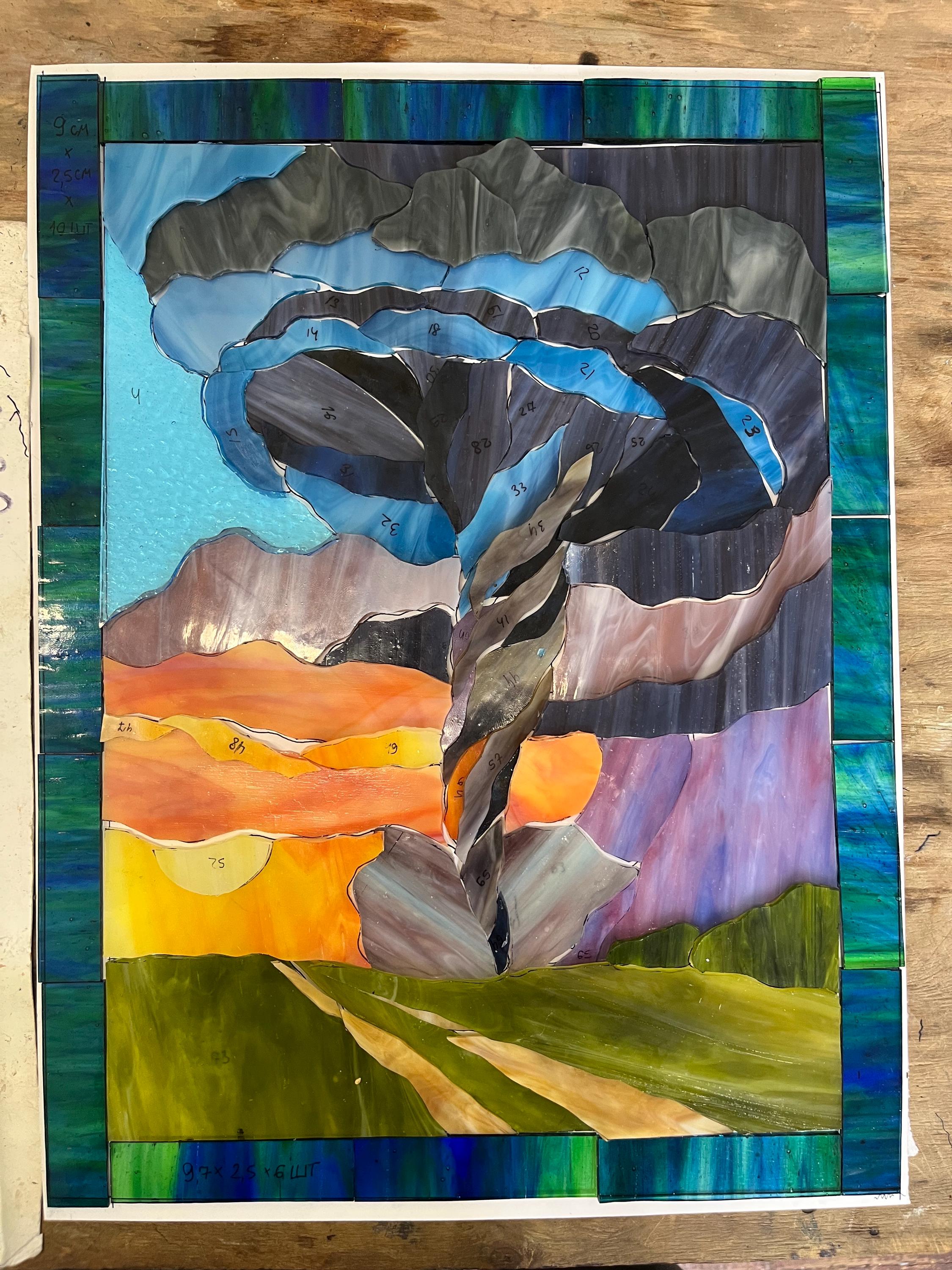Stained Glass Window Panel Tornado 18 x 13.5 in: Sunset Landscape Window Hanging Unique Father's Day gift, Glass Wall Art