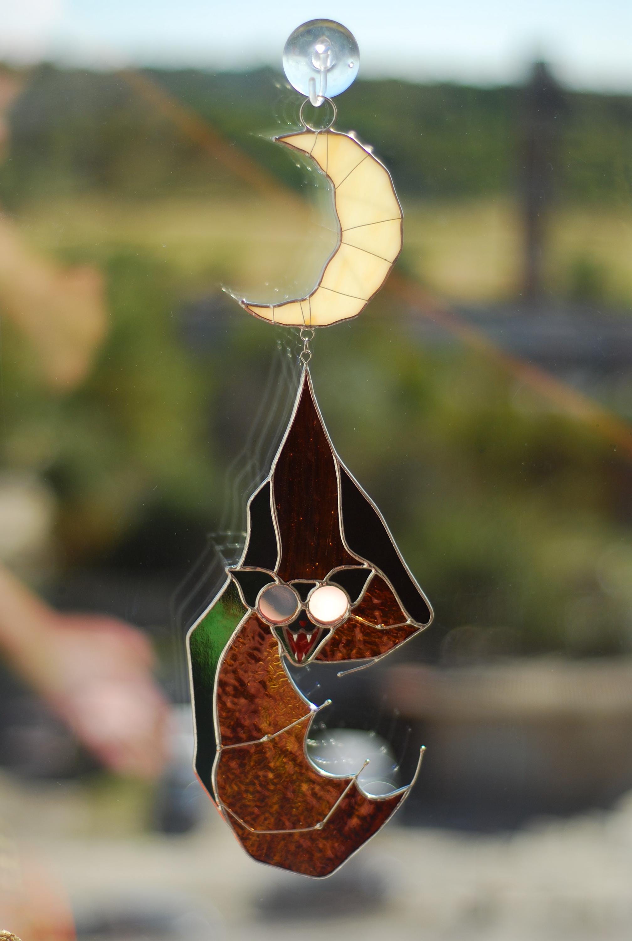 Handmade Bat Crescent Moon Stained Glass Suncatcher 14.5x5 In, Witchy Gothic Window Hangings