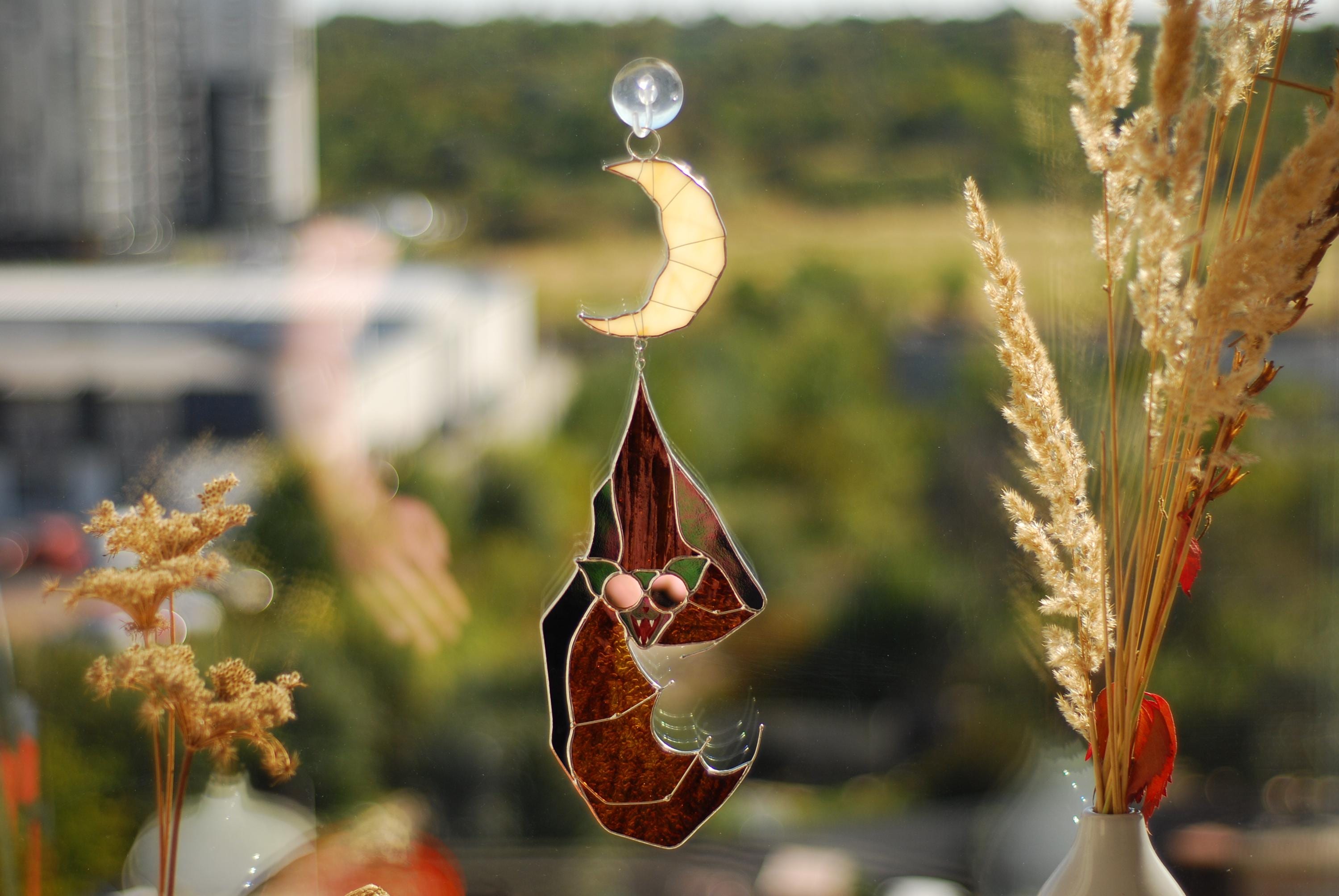 Handmade Bat Crescent Moon Stained Glass Suncatcher 14.5x5 In, Witchy Gothic Window Hangings
