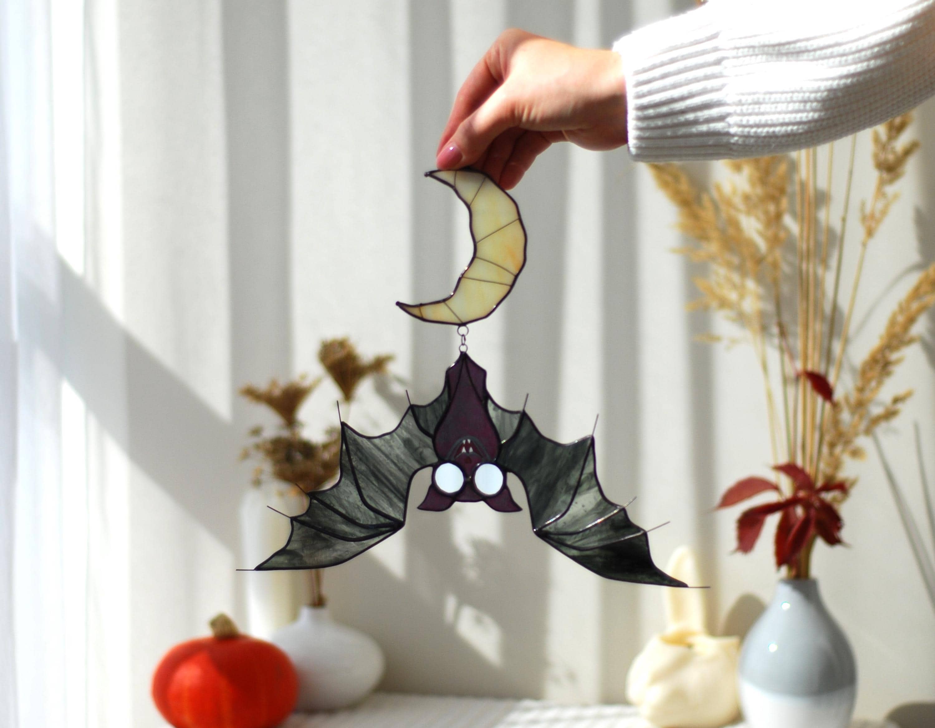 Handmade Vampire Bat Crescent Moon Stained Glass Suncatcher 10x10 In, Halloween Wall Decor