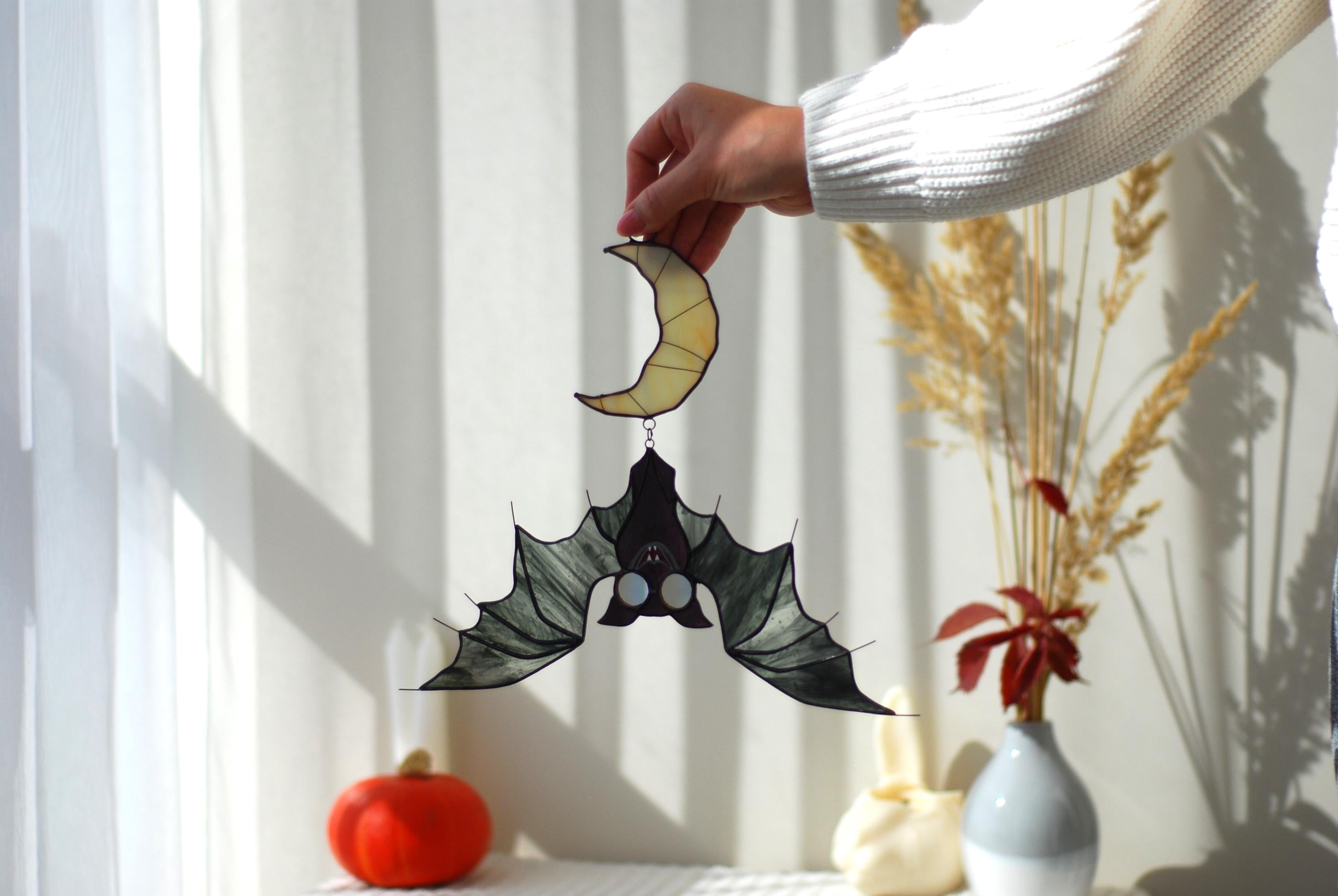 Handmade Vampire Bat Crescent Moon Stained Glass Suncatcher 10x10 In, Halloween Wall Decor