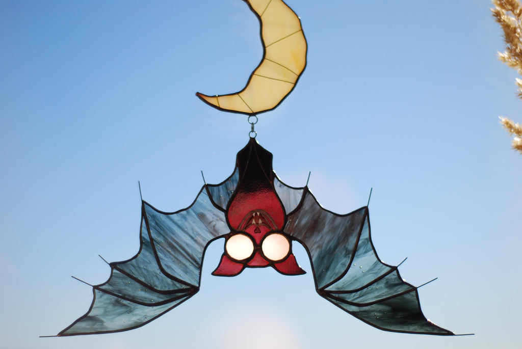 Handmade Vampire Bat Crescent Moon Stained Glass Suncatcher 10x10 In, Halloween Wall Decor