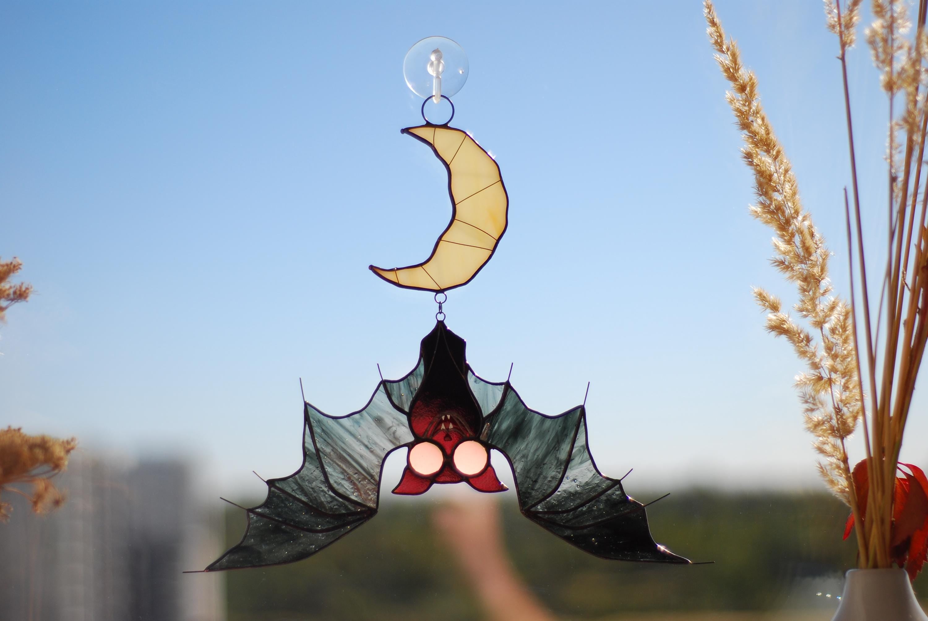 Handmade Vampire Bat Crescent Moon Stained Glass Suncatcher 10x10 In, Halloween Wall Decor