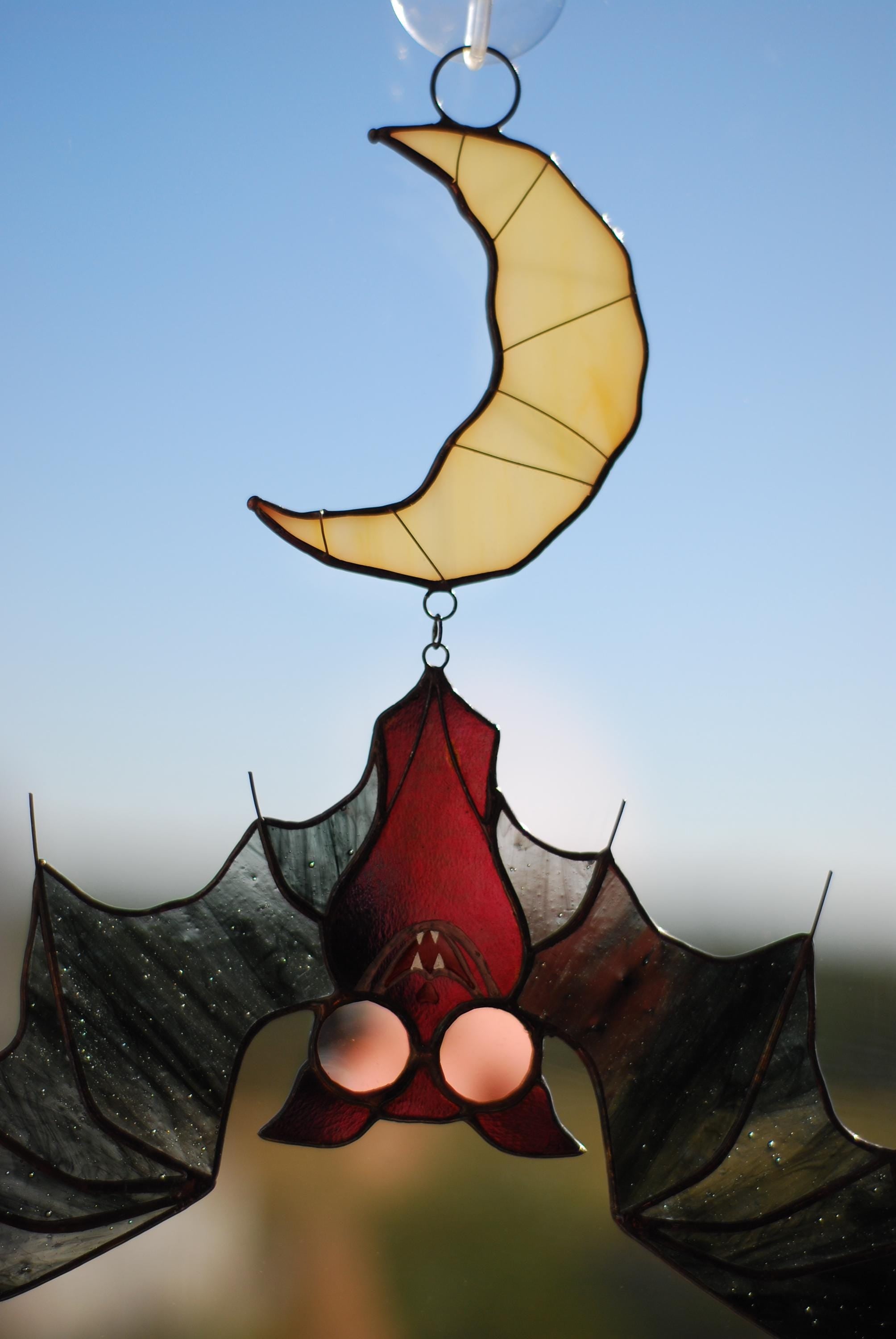 Handmade Vampire Bat Crescent Moon Stained Glass Suncatcher 10x10 In, Halloween Wall Decor