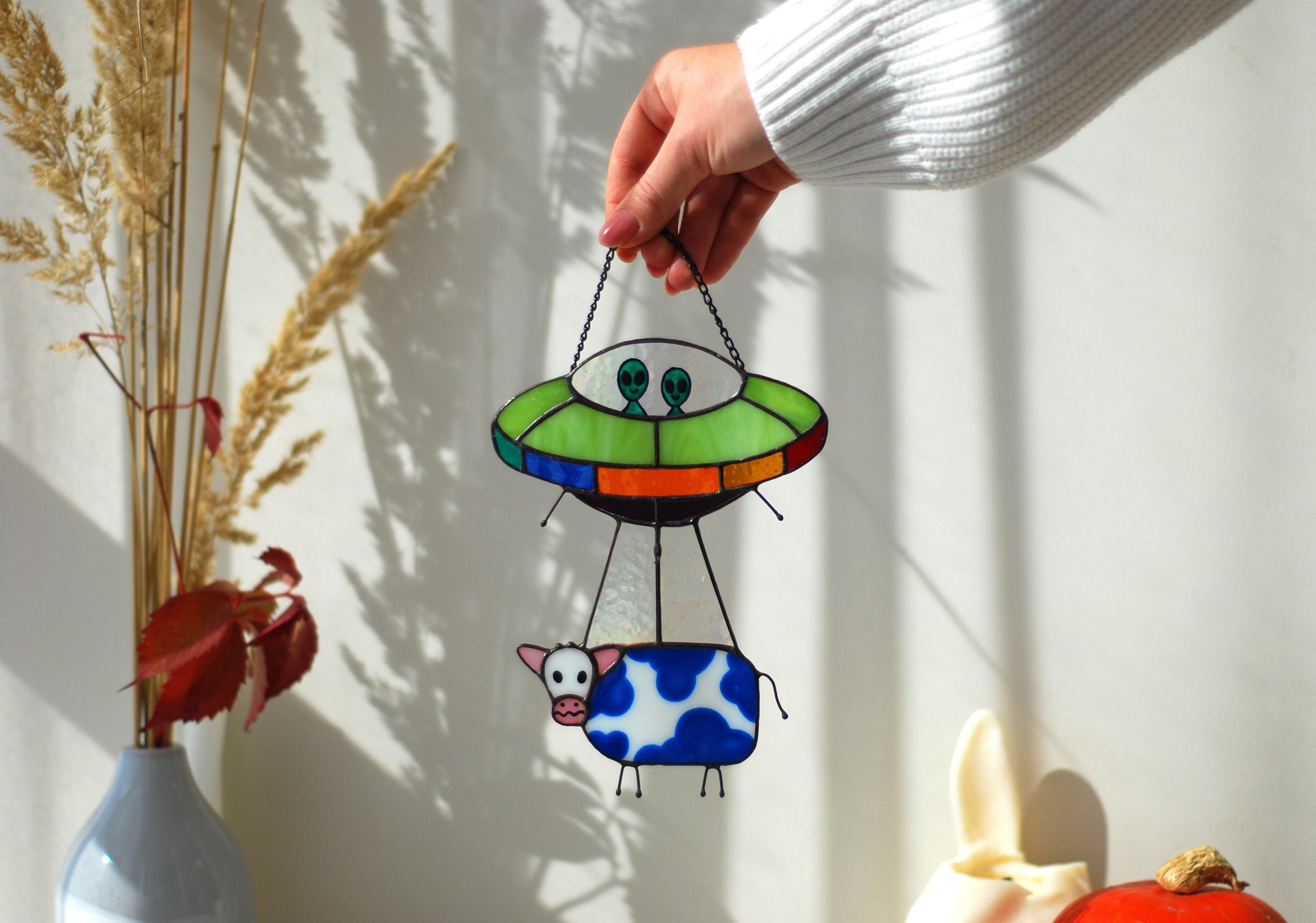 UFO cow stained glass suncatcher funny handmade window decor. Alien abduction stained glass window hangings unique gift for sci-fi fans