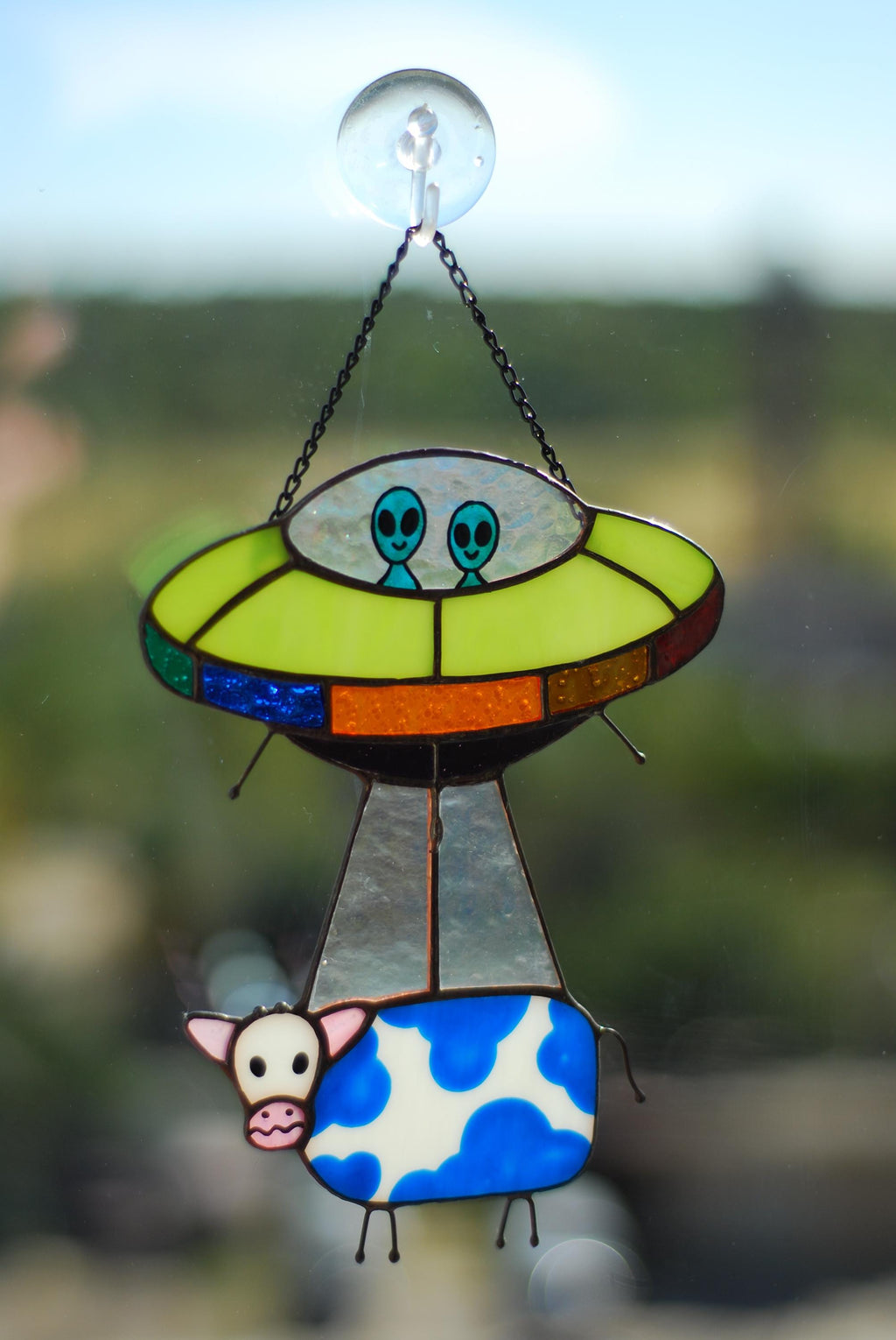 UFO cow stained glass suncatcher funny handmade window decor. Alien abduction stained glass window hangings unique gift for sci-fi fans