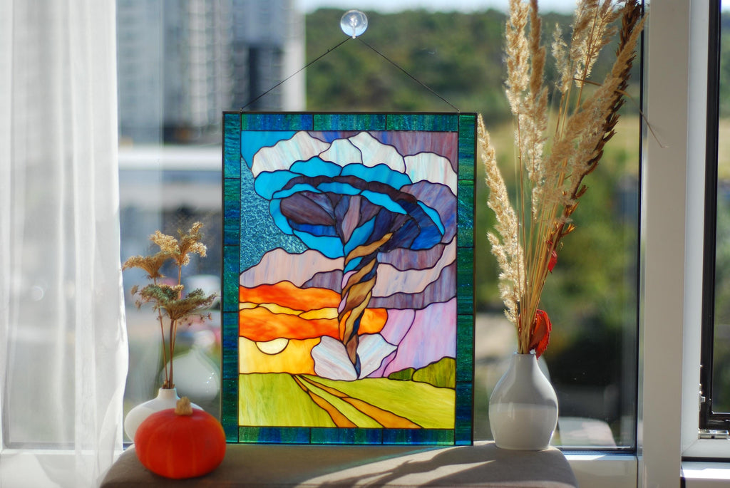 Stained Glass Window Panel Tornado 18 x 13.5 in: Sunset Landscape Window Hanging Unique Father's Day gift, Glass Wall Art