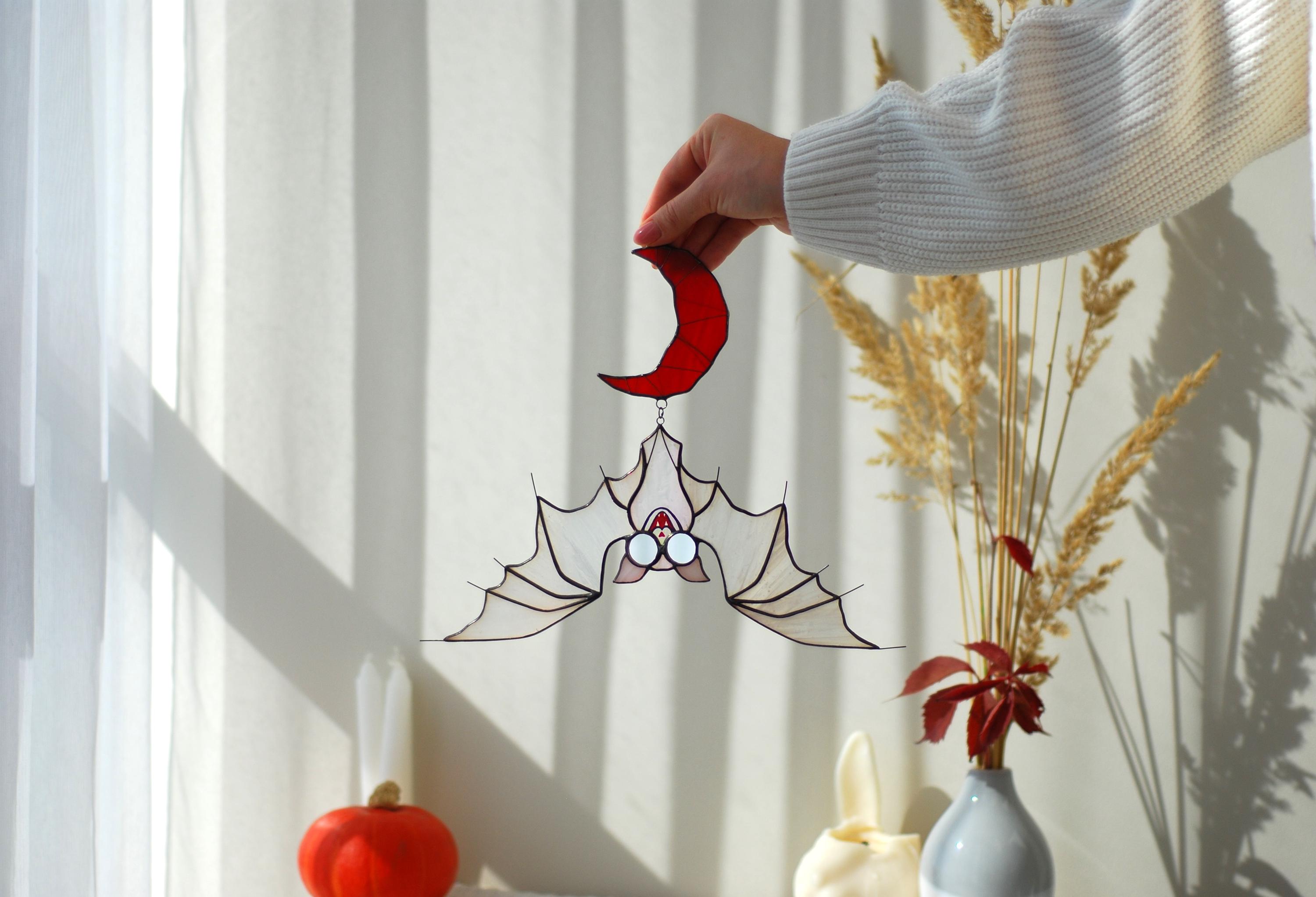 Albino Bat Stained Glass Suncatcher – Red Moon, Gothic Halloween Decor