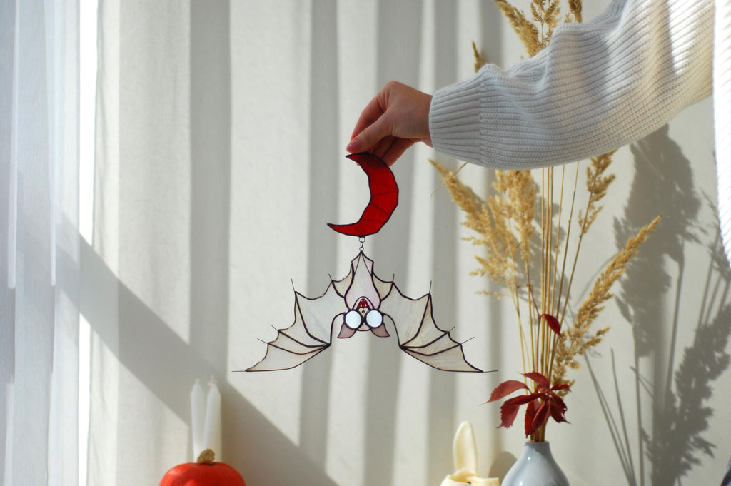 Albino Bat Stained Glass Suncatcher – Red Moon, Gothic Halloween Decor
