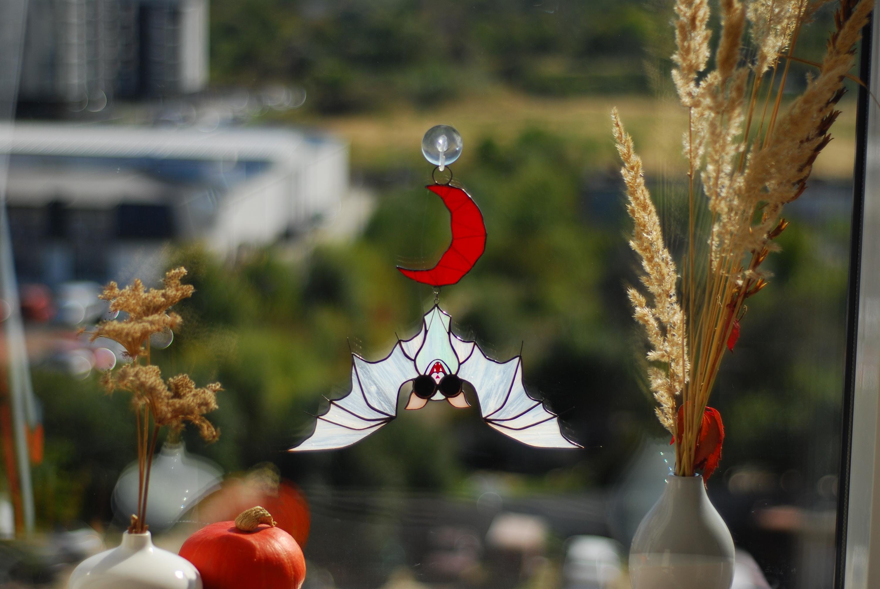 Albino Bat Stained Glass Suncatcher – Red Moon, Gothic Halloween Decor