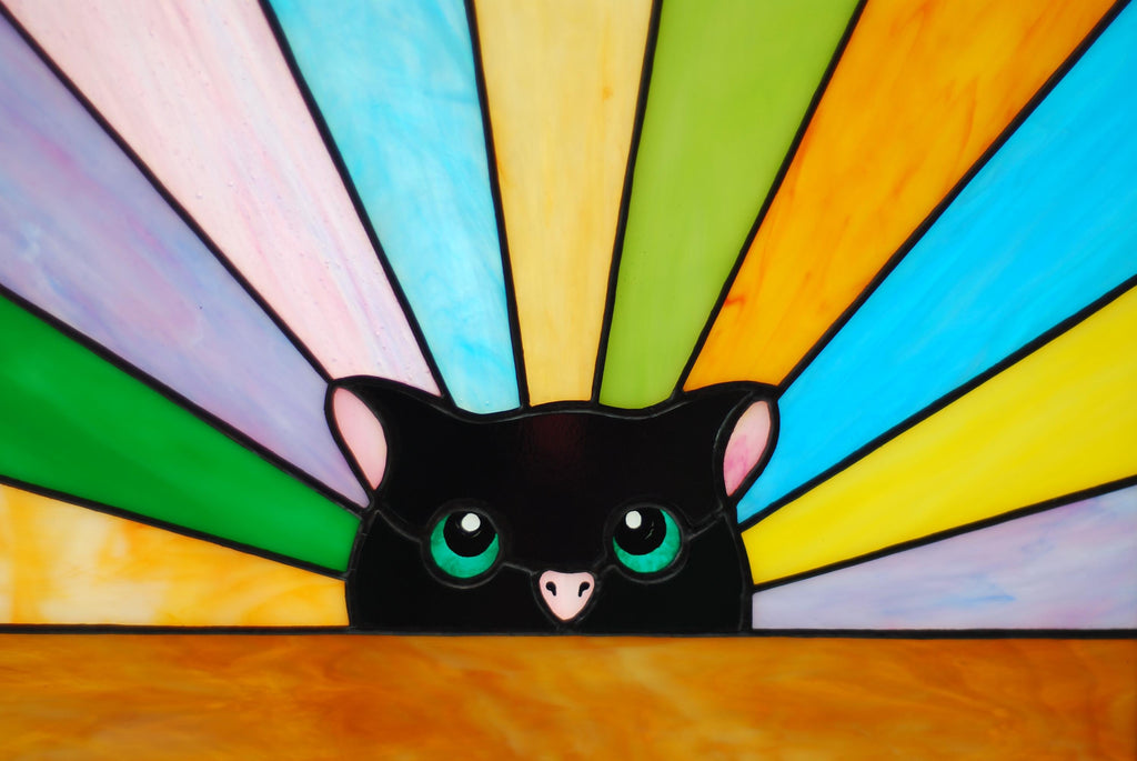 Stained Glass Window Panel - Black Cat 13.8 × 10.8 in. Tiffany Style Rainbow Window Hangings, Mother’s Day gift, Handmade Suncatcher