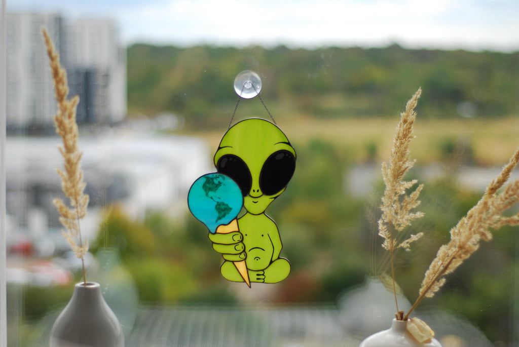 Stained Glass Alien Suncatcher, Earth Ice Cream, Space Window Decor