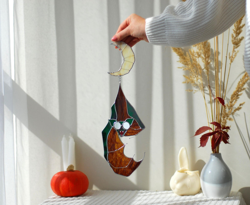 Handmade Bat Crescent Moon Stained Glass Suncatcher 14.5x5 In, Witchy Gothic Window Hangings