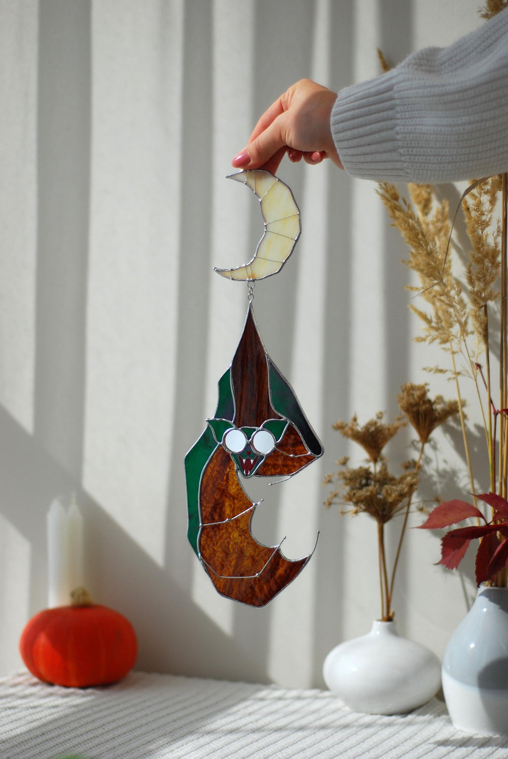 Handmade Bat Crescent Moon Stained Glass Suncatcher 14.5x5 In, Witchy Gothic Window Hangings
