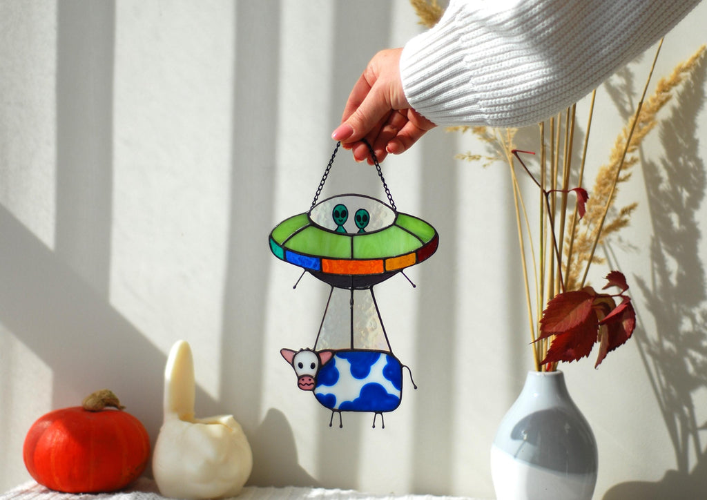 UFO cow stained glass suncatcher funny handmade window decor. Alien abduction stained glass window hangings unique gift for sci-fi fans