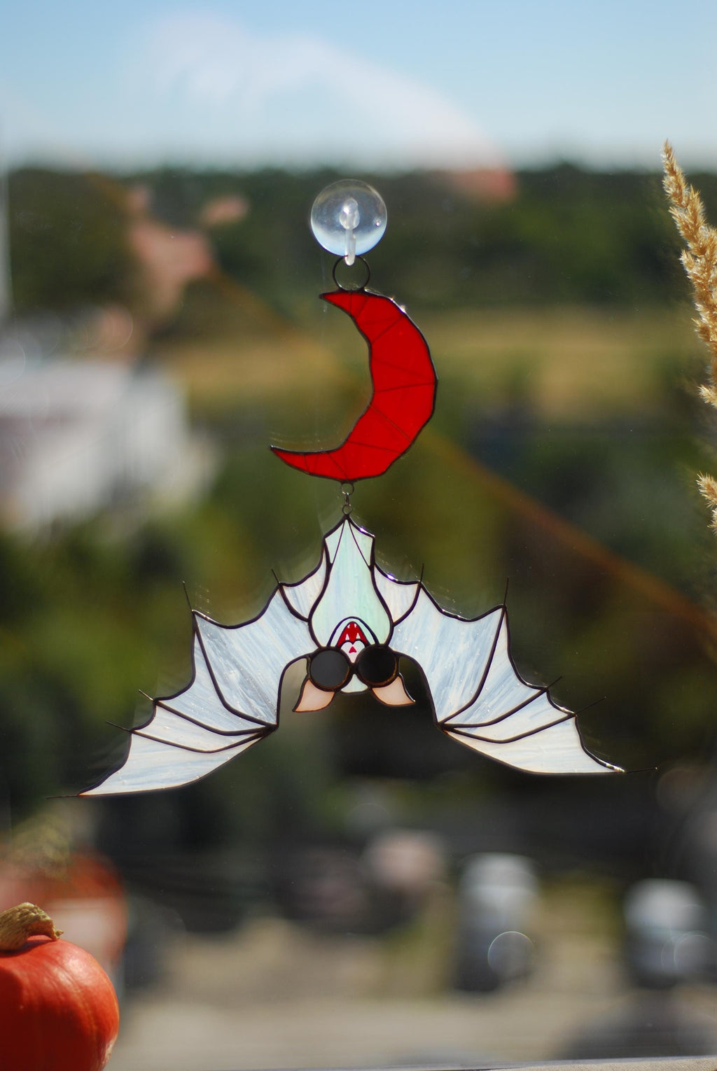 Albino Bat Stained Glass Suncatcher – Red Moon, Gothic Halloween Decor