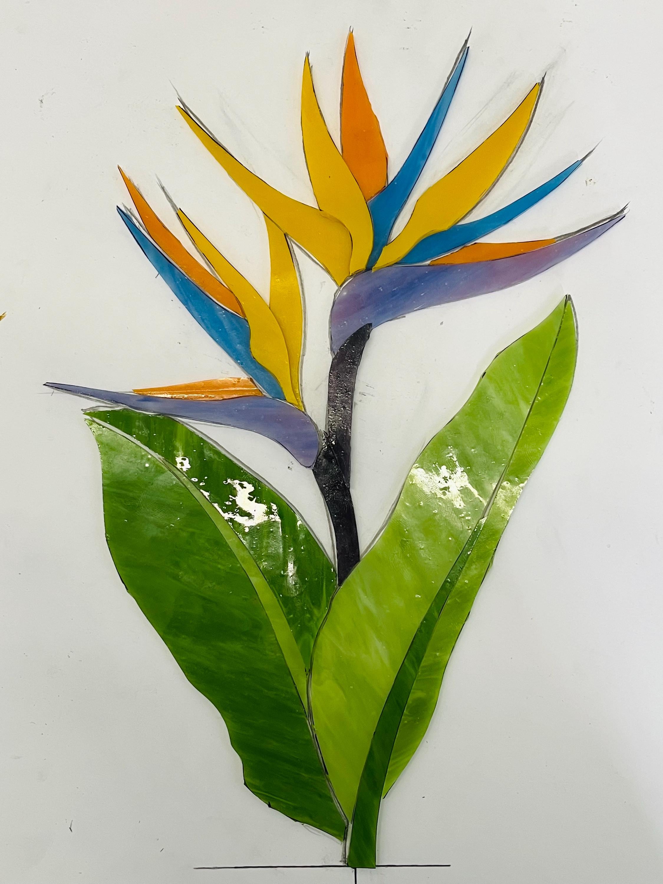 Stained Glass Bird of Paradise Flower Sculpture Tiffany Tropical Plant Decor Colorful Handmade Glass Art on Wooden Base Mother’s Day gift