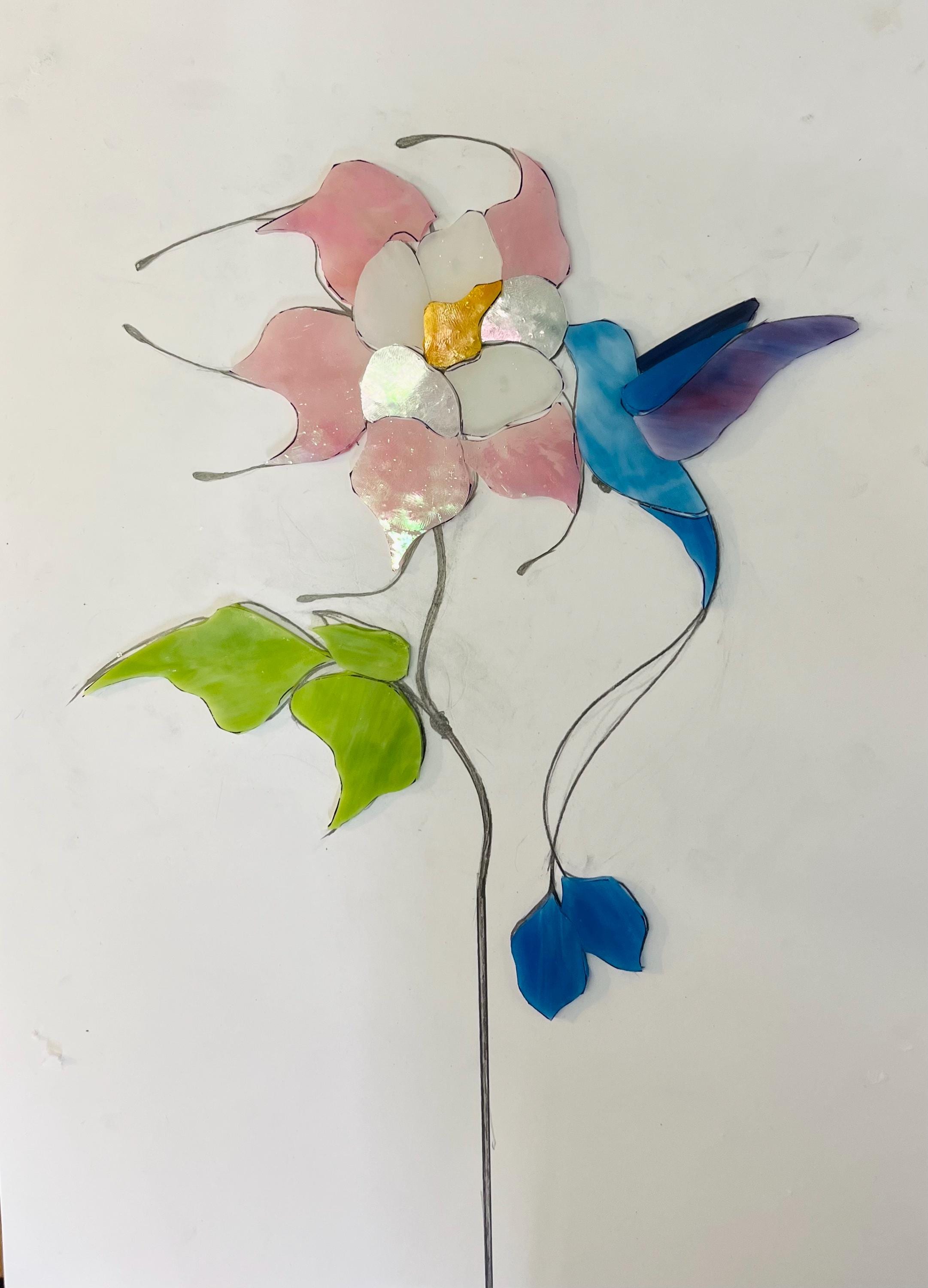 Stained glass hummingbird with clematis flower, suncatcher on wooden stand, Tiffany style table decor, Handmade Father's Day gift