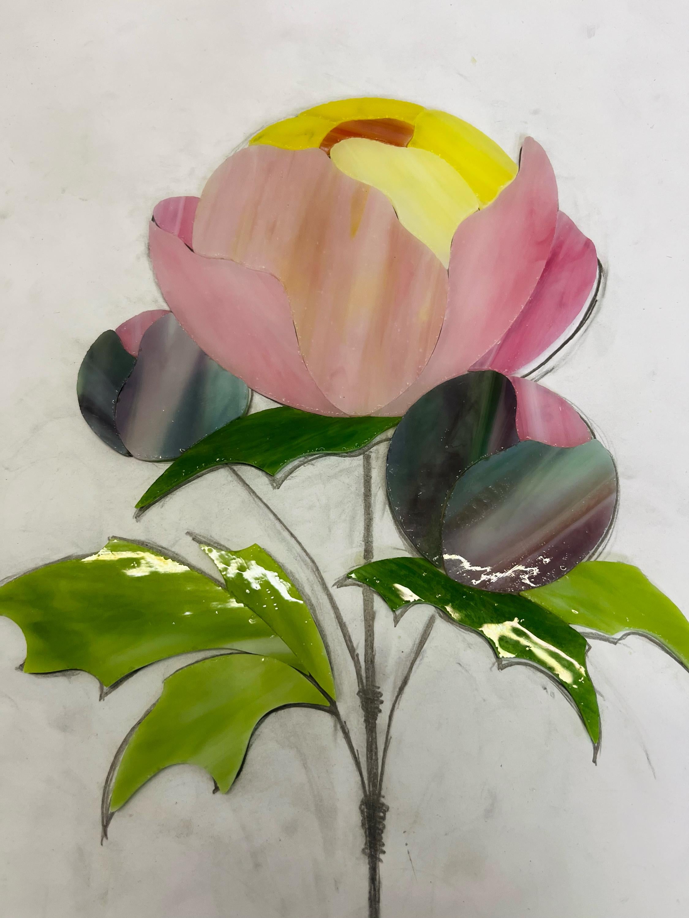 Stained glass peony flower suncatcher on wooden stand, 16x7 in. Tiffany glass sculpture for table or windowsill, Handmade Personalized gift