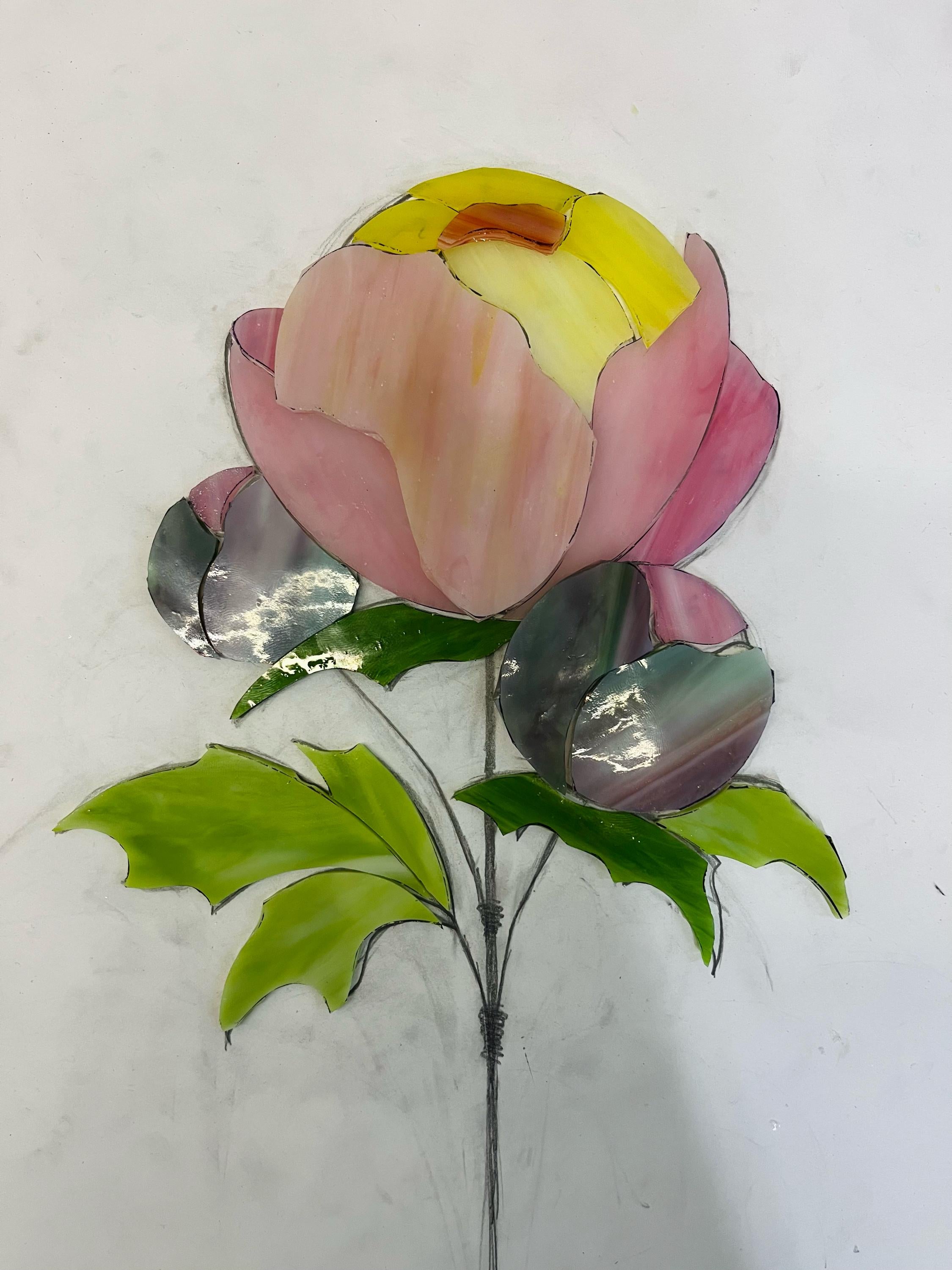 Stained glass peony flower suncatcher on wooden stand, 16x7 in. Tiffany glass sculpture for table or windowsill, Handmade Personalized gift
