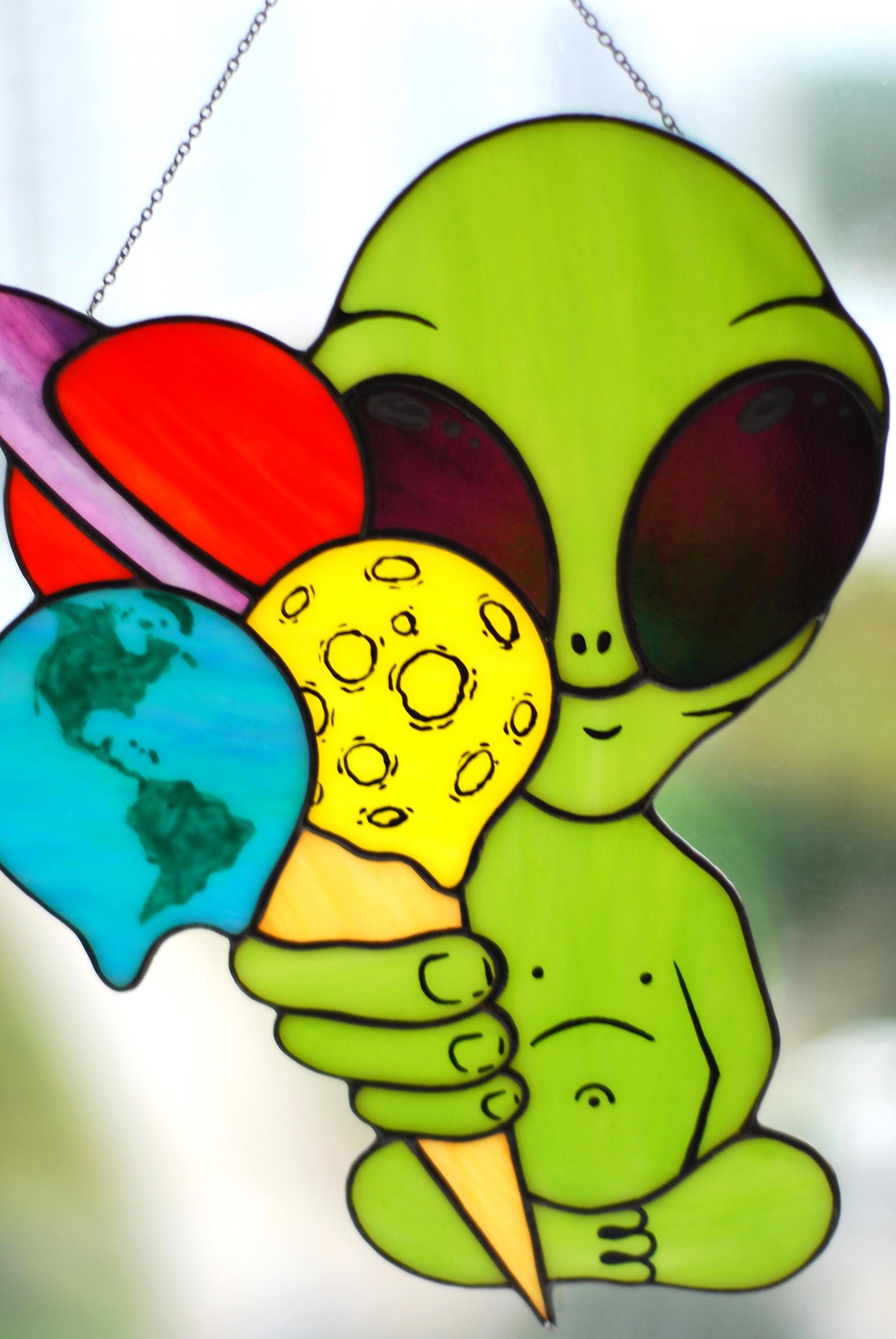 Stained Glass Alien Suncatcher | Ice Cream Planets, Cosmic Window Decor