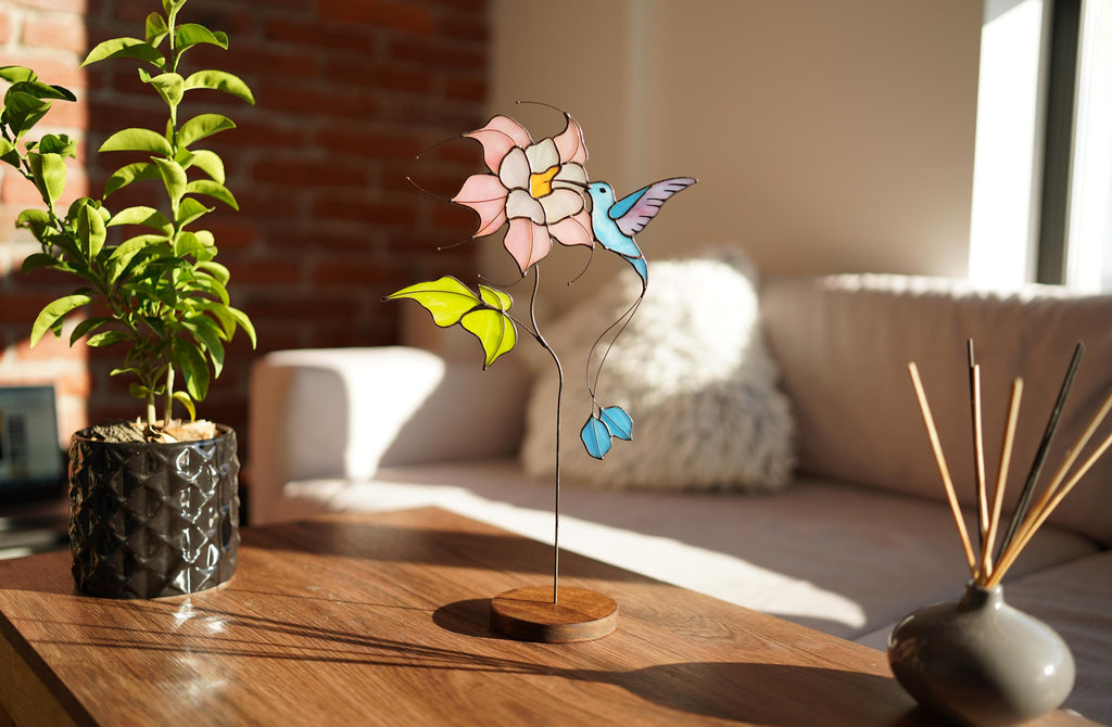 Stained glass hummingbird with clematis flower, suncatcher on wooden stand, Tiffany style table decor, Handmade Father's Day gift