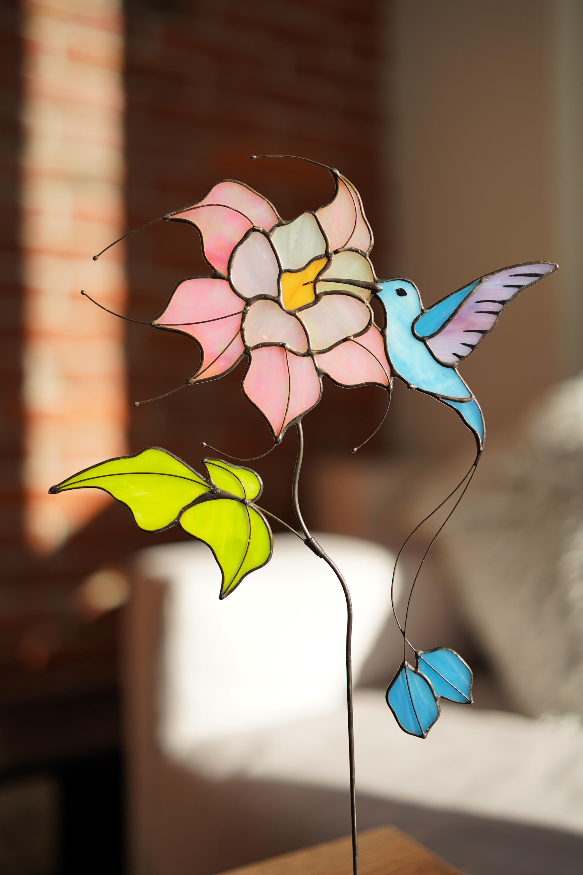 Stained glass hummingbird with clematis flower, suncatcher on wooden stand, Tiffany style table decor, Handmade Father's Day gift