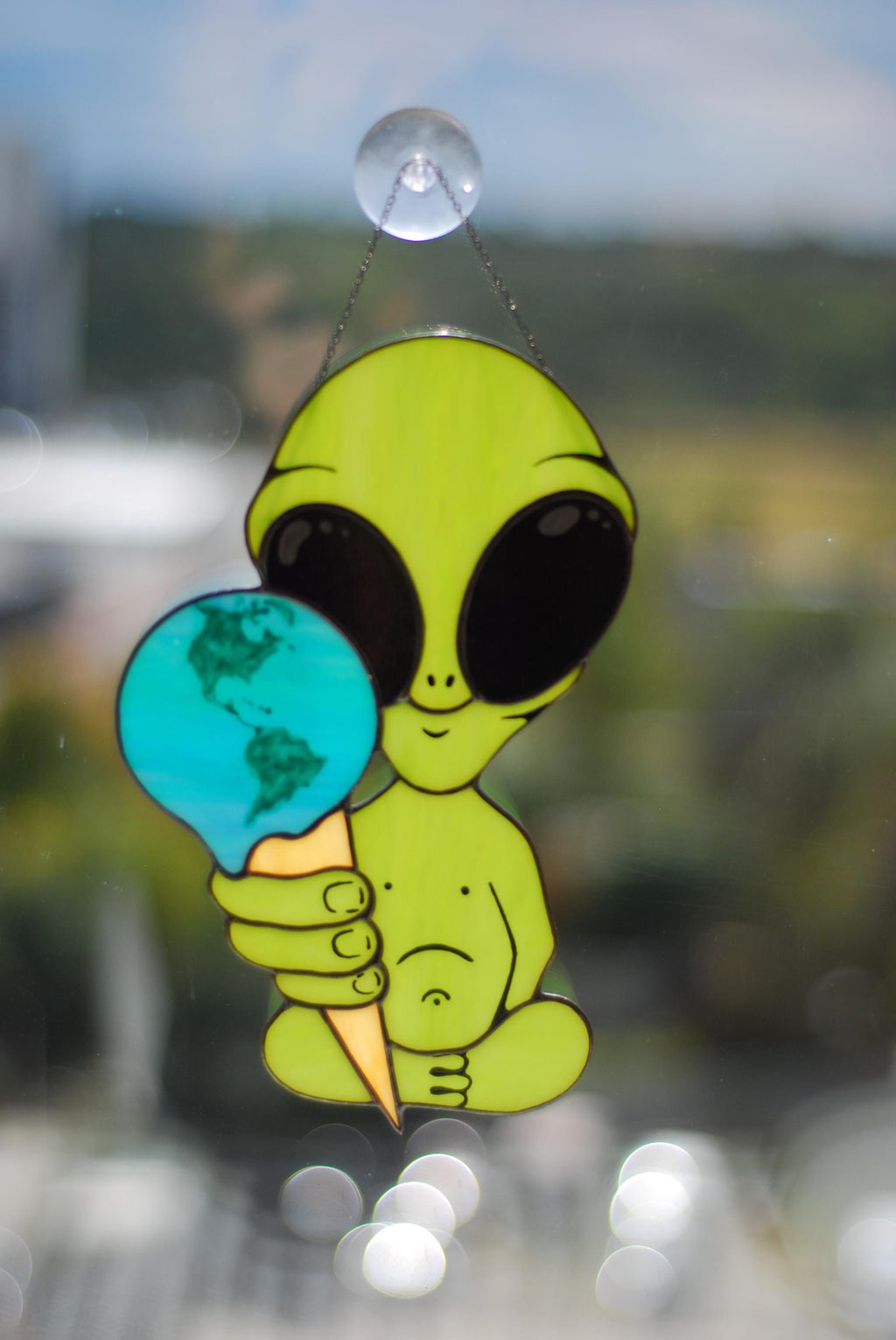 Stained Glass Alien Suncatcher, Earth Ice Cream, Space Window Decor